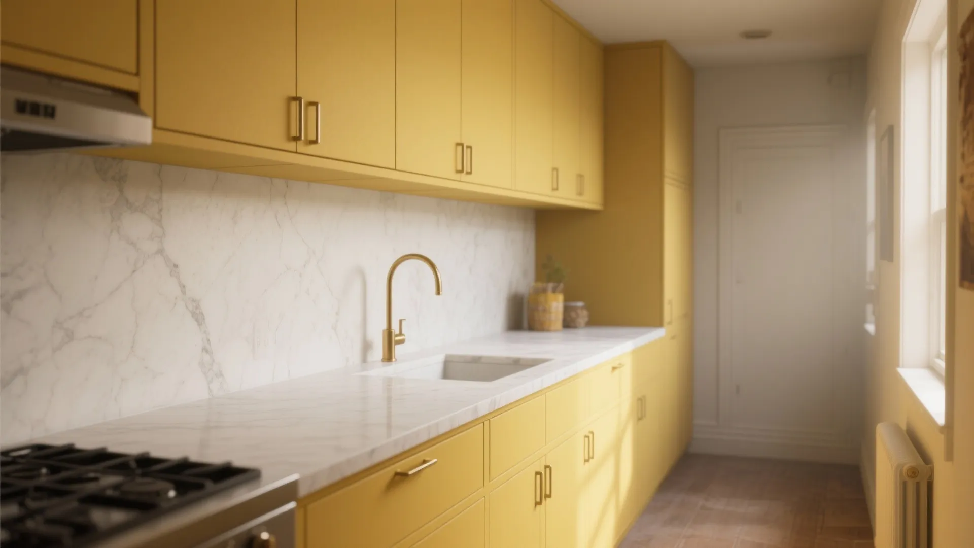 1. Sunflower Accent Wall with Matte Yellow Cabinets