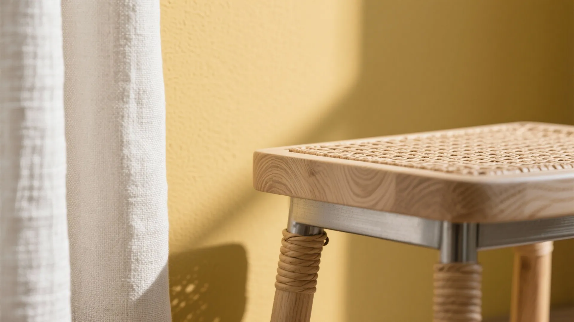 Yellow With Natural Materials: Wood, Rattan, and Linen