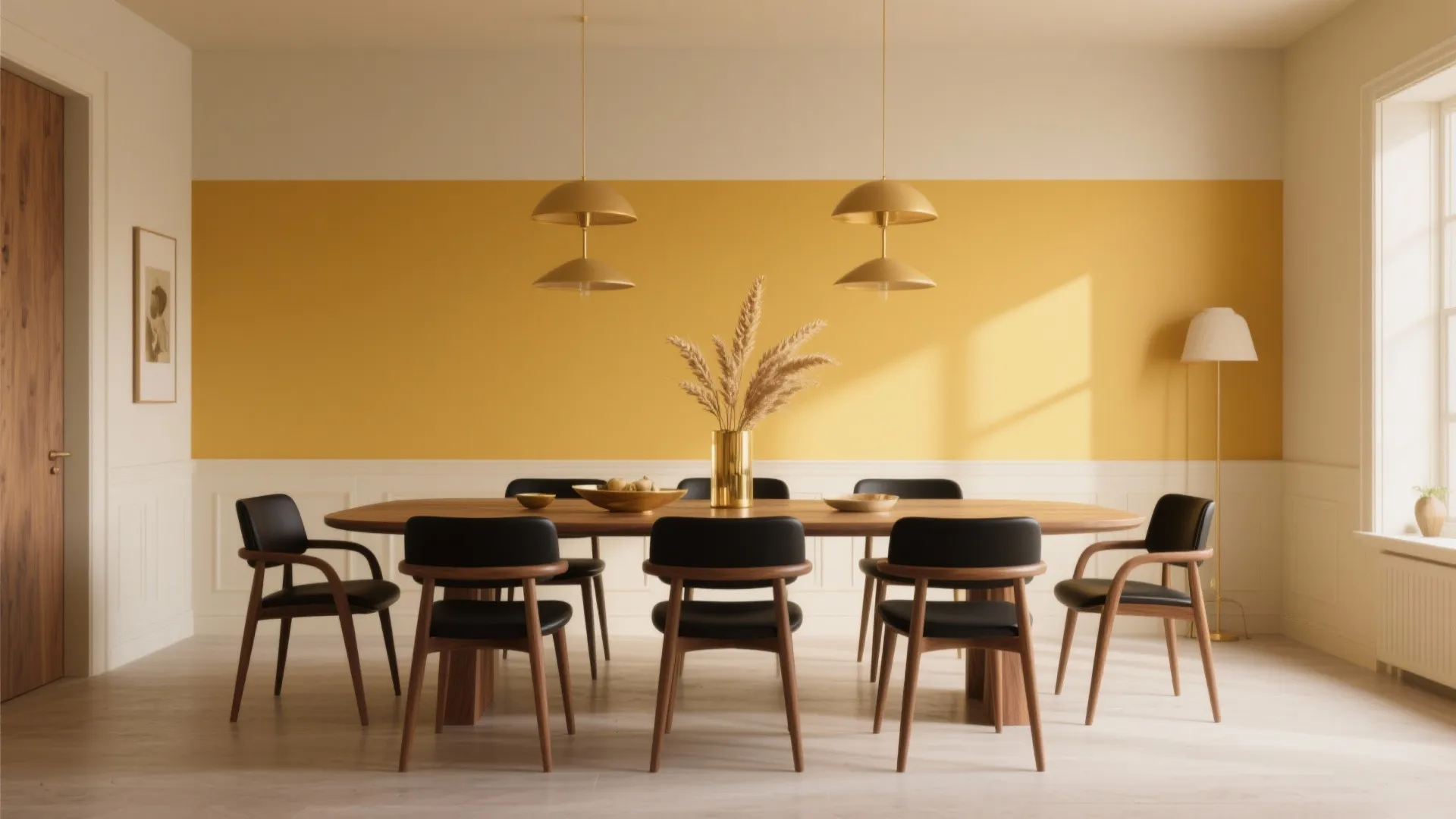 Modern dining room featuring a yellow wall panel long wooden table and black leather chairs