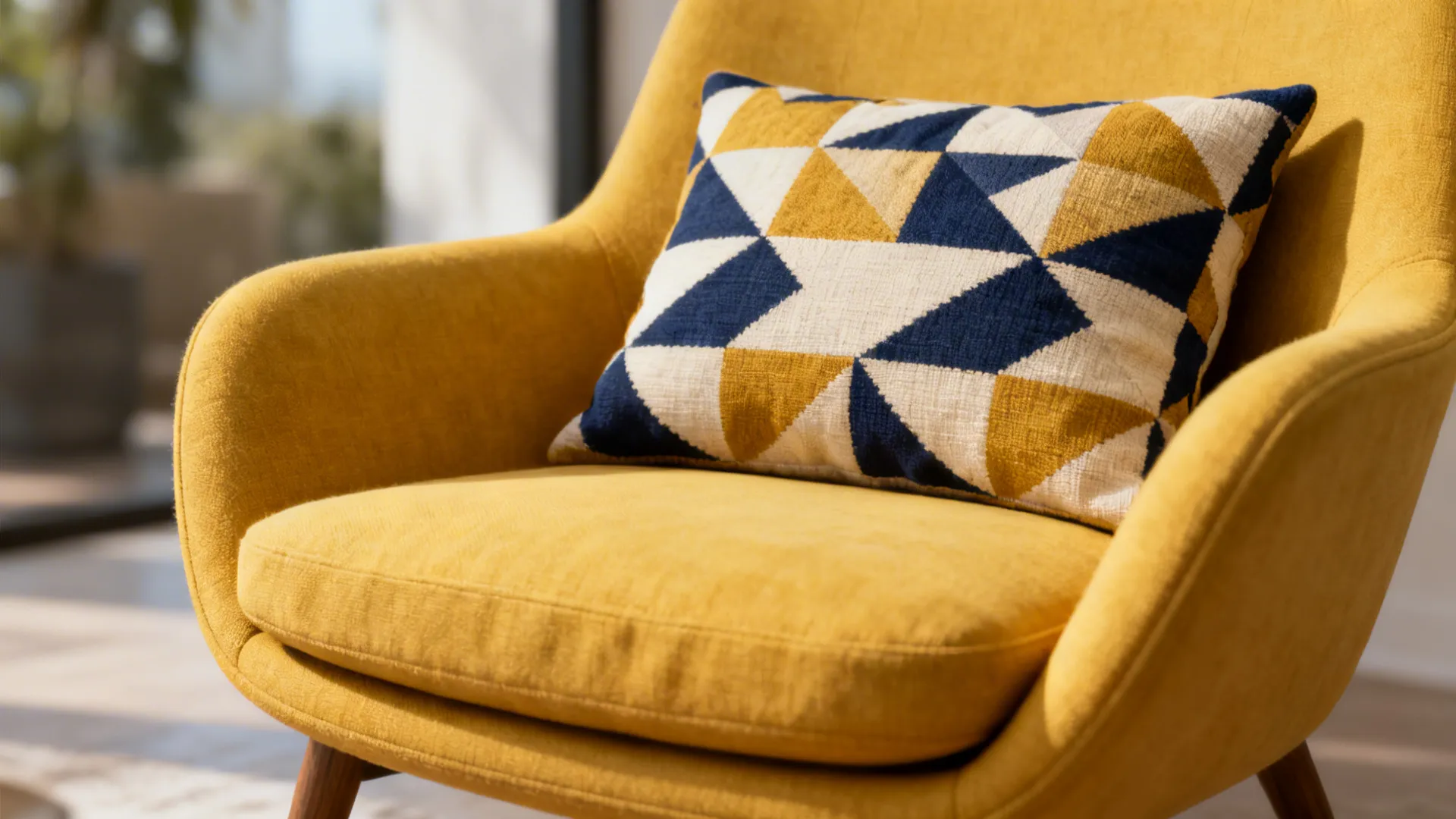 Yellow chair with a geometric pillow in mustard, navy and cream to tie the room palette.