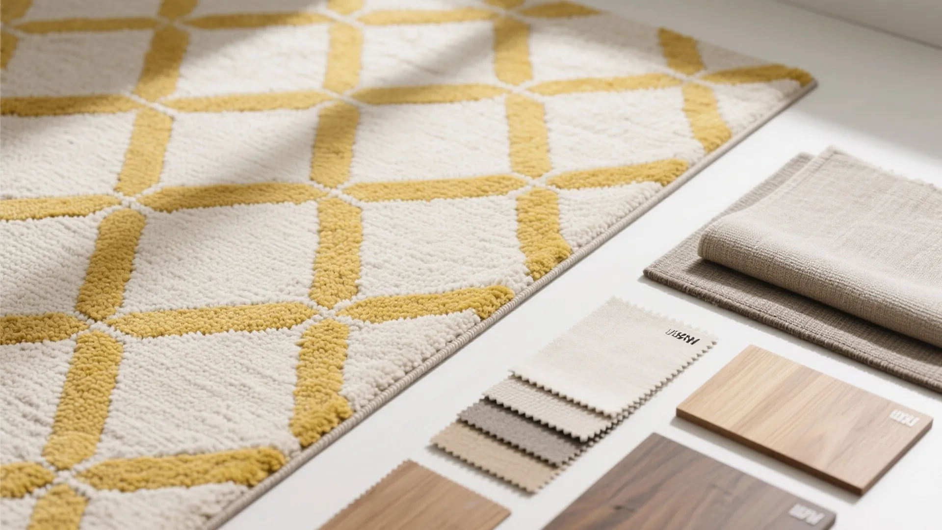 Patterned rug with yellow accents in contemporary flatlay