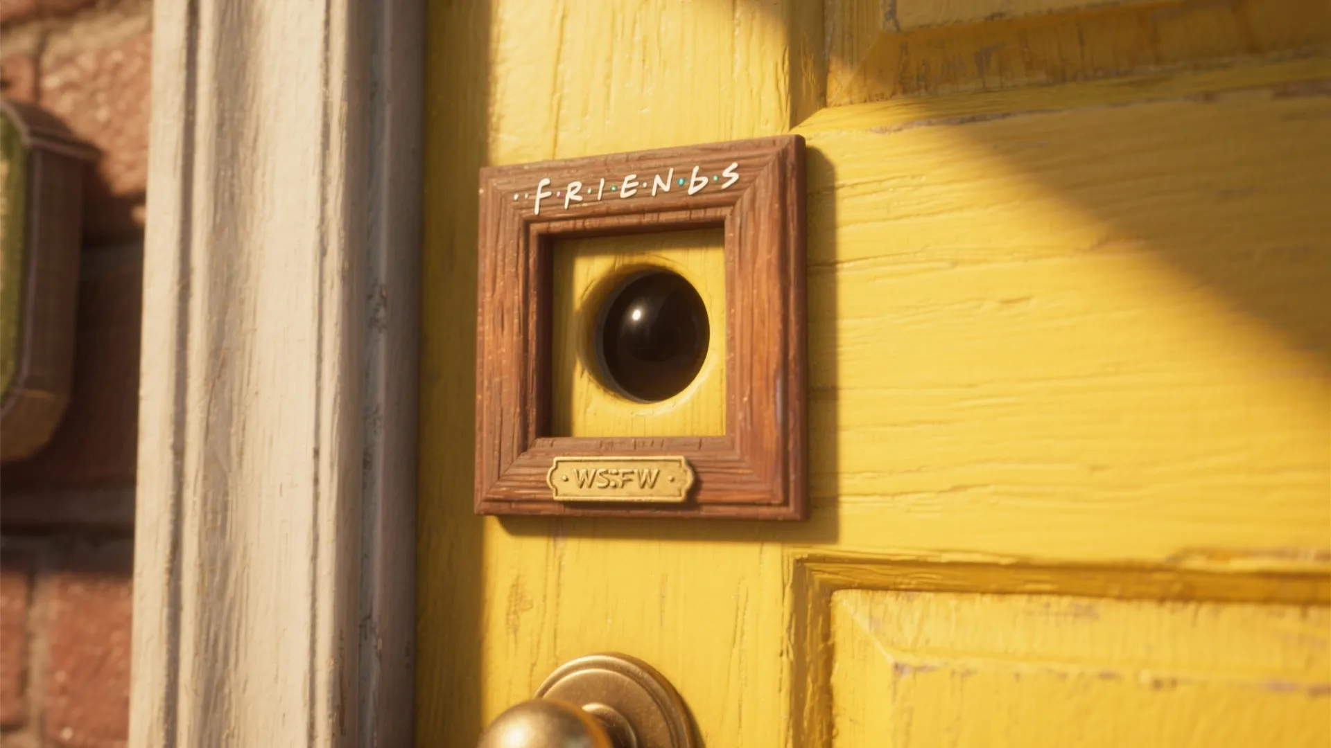 Vintage yellow-painted peephole frame on bedroom door