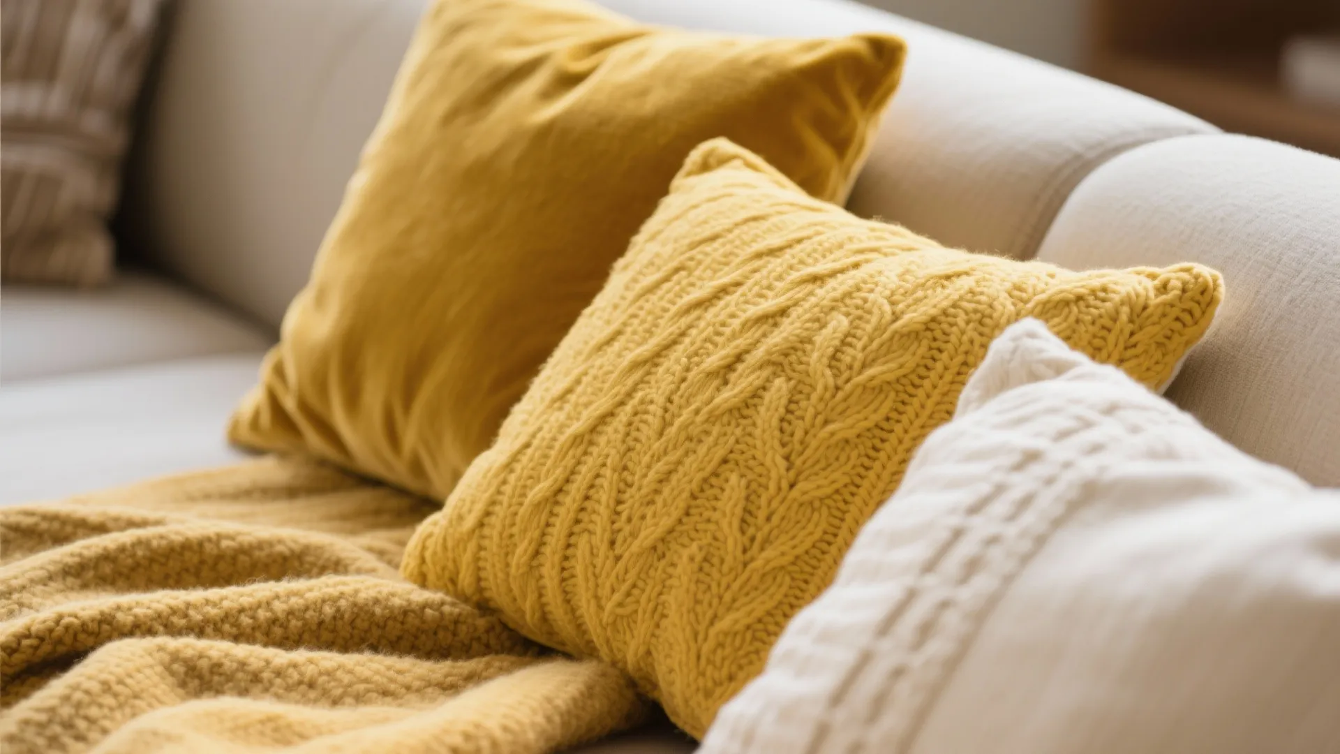 Close-up of yellow pillows and blankets on sofa
