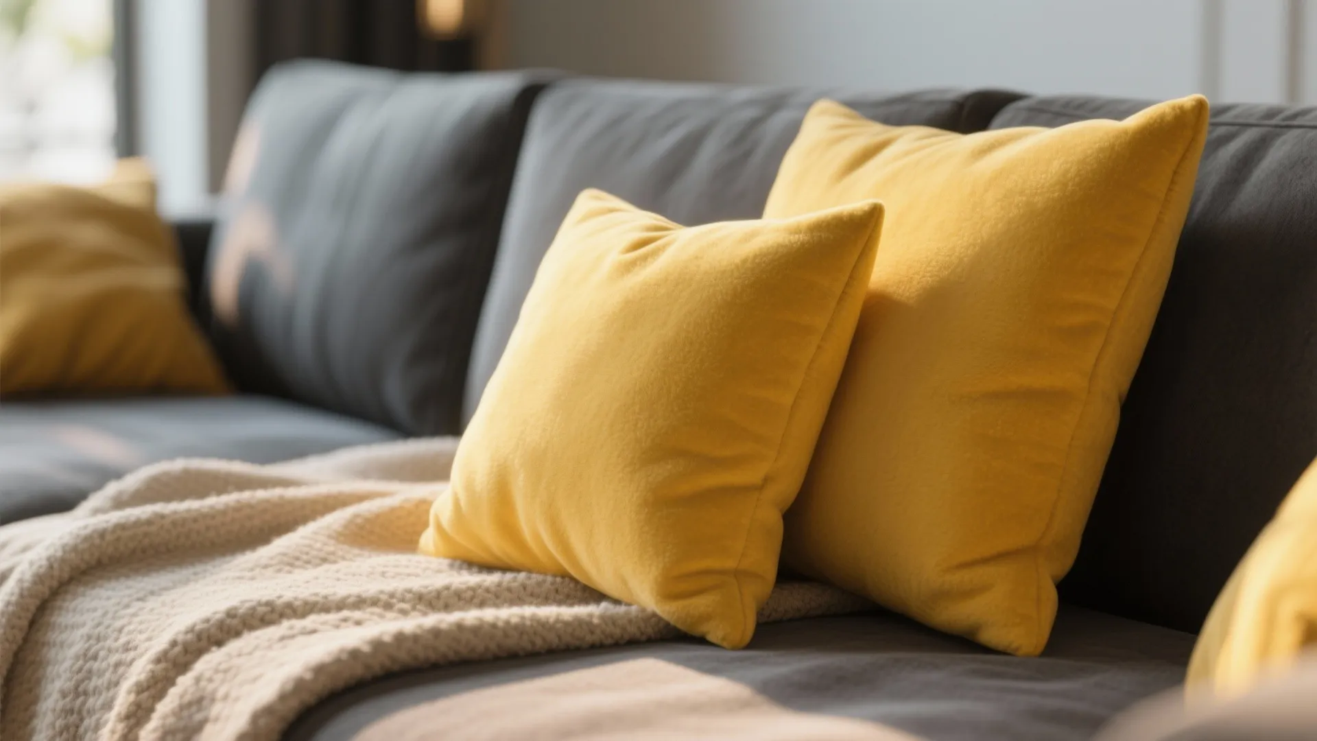 4. Yellow Throw Pillows on a Charcoal Sectional