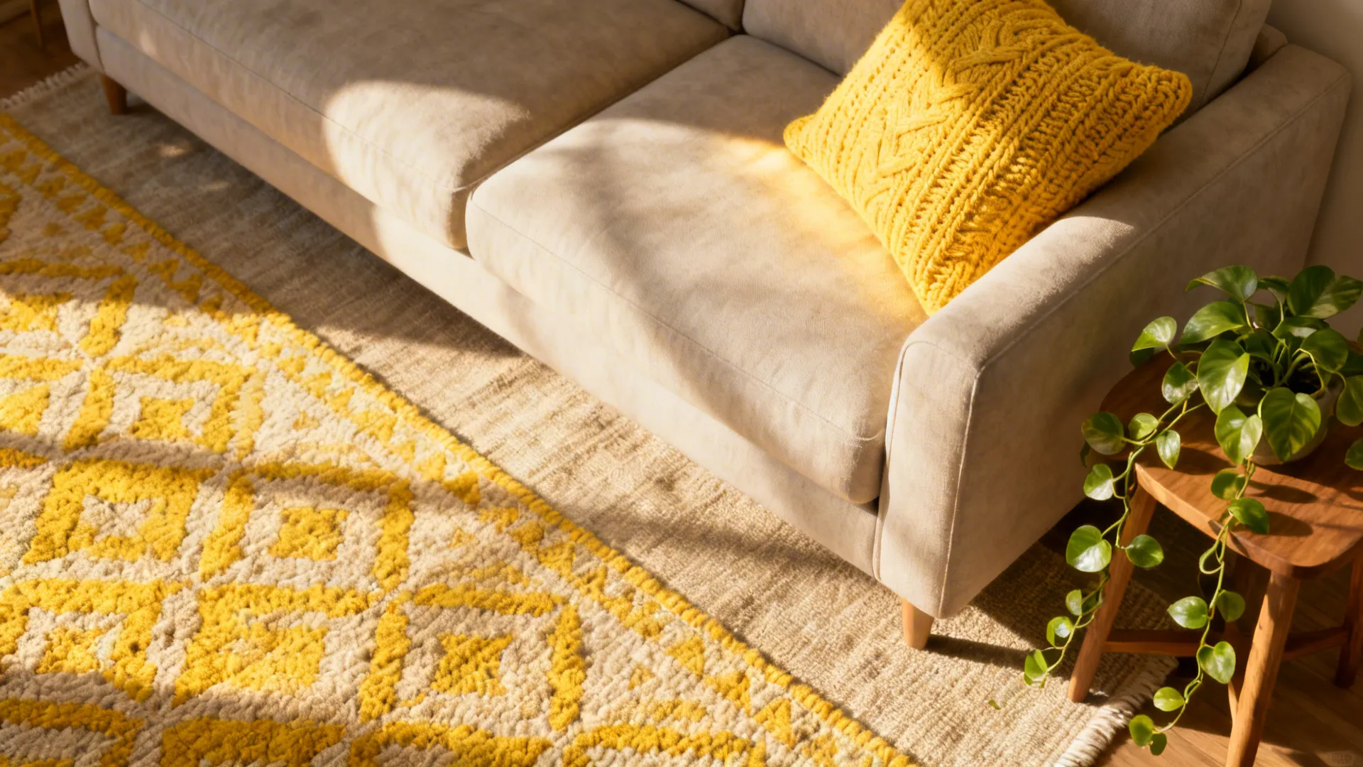 Sunbeam yellow throw pillows and a patterned rug brighten a small living room corner.
