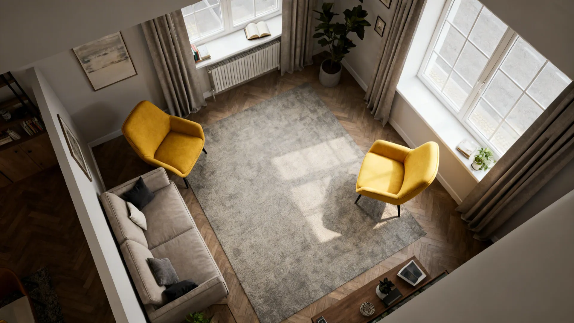 Top-down layout showing three placement options for a yellow accent chair to test flow and sightlines.