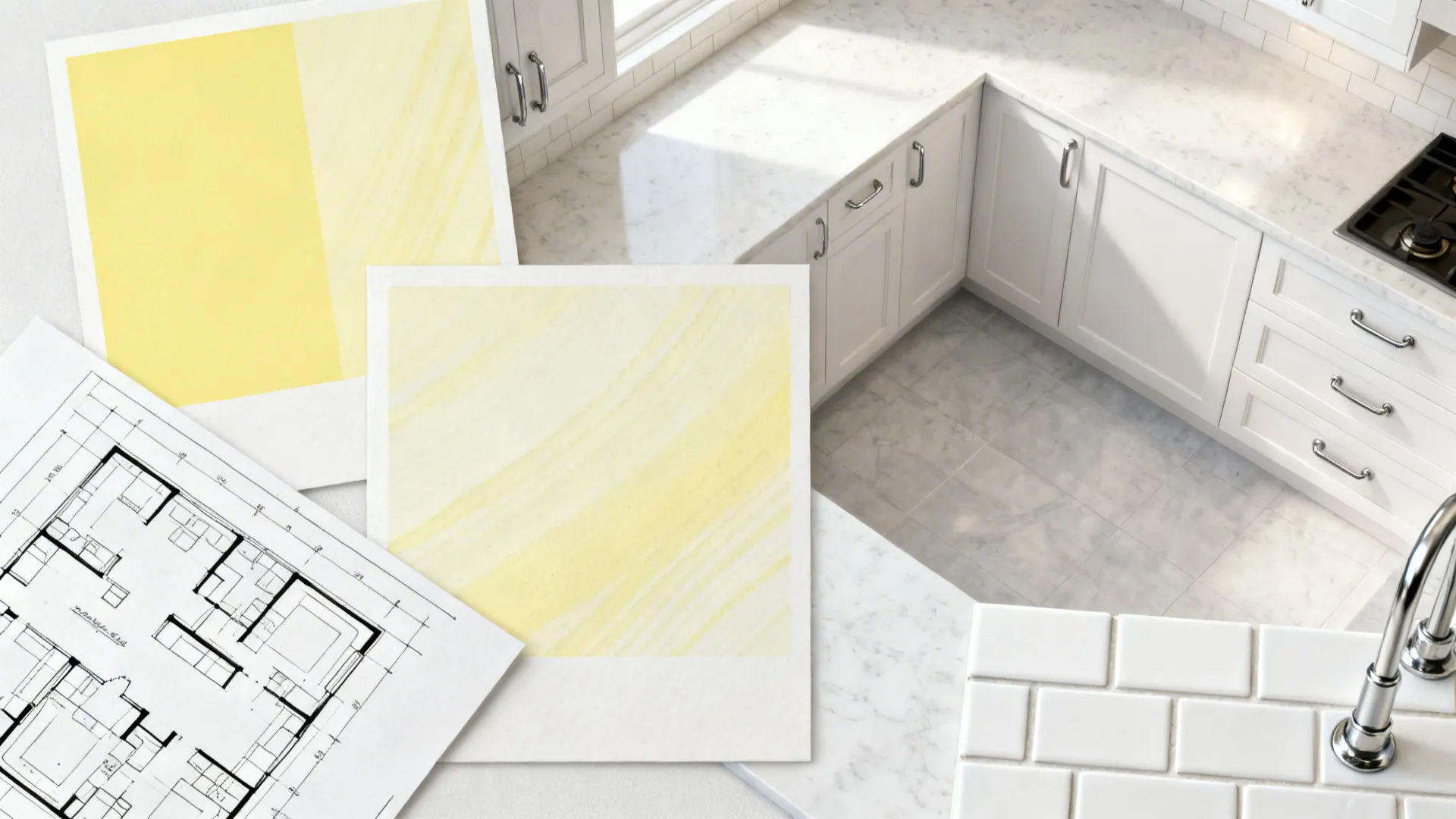 Top-down plan with pale yellow swatches, white tile, nickel hardware, and an L-shaped sketch.
