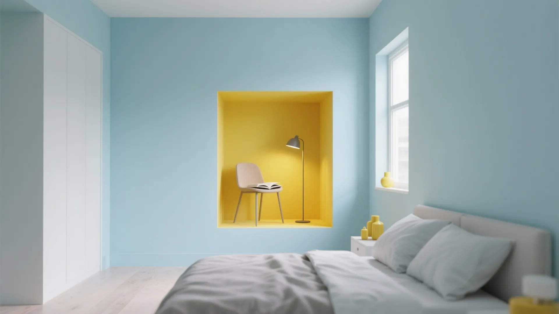 Small reading nook painted bright yellow within a pale blue bedroom creating a focal point