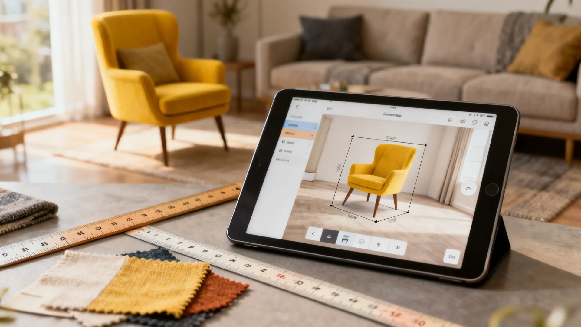 Yellow chair vignette with a tablet showing a room planner overlay to test scale before buying.