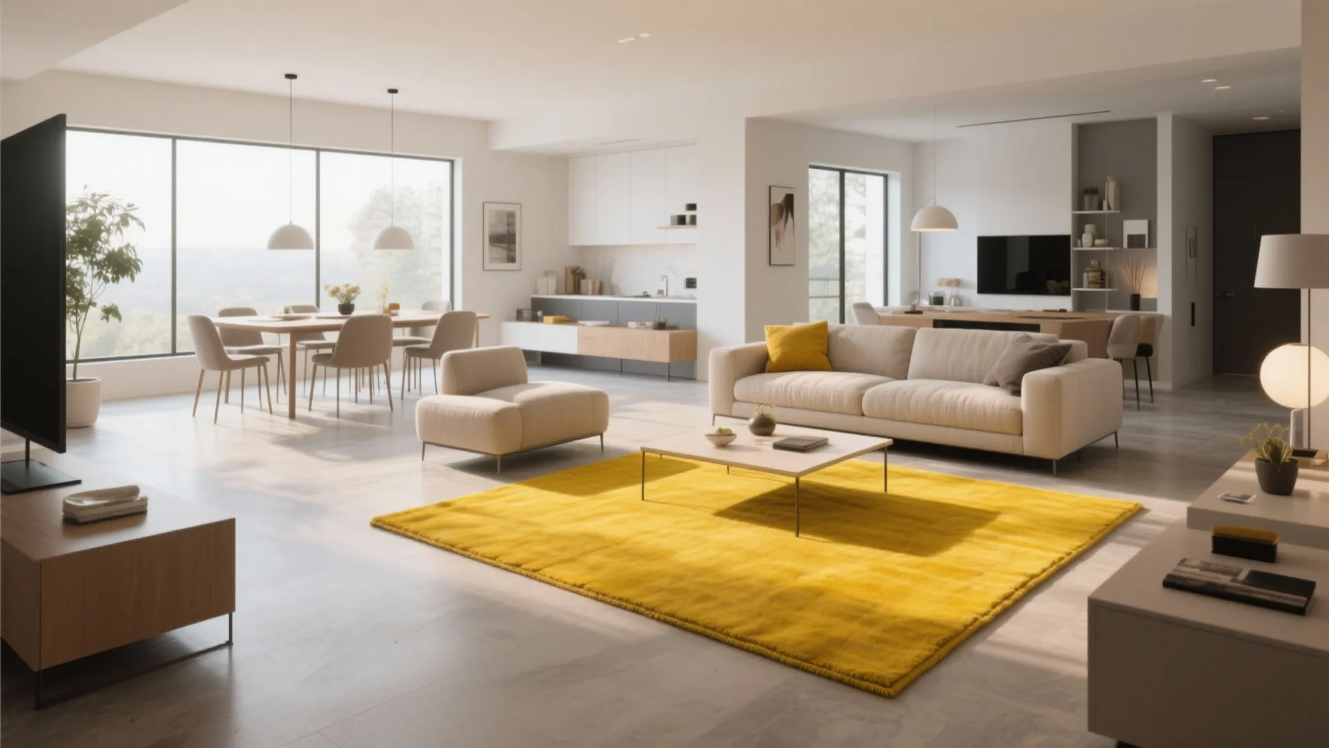 Modern open plan house with large yellow rug beige sofa dining area and bright natural light