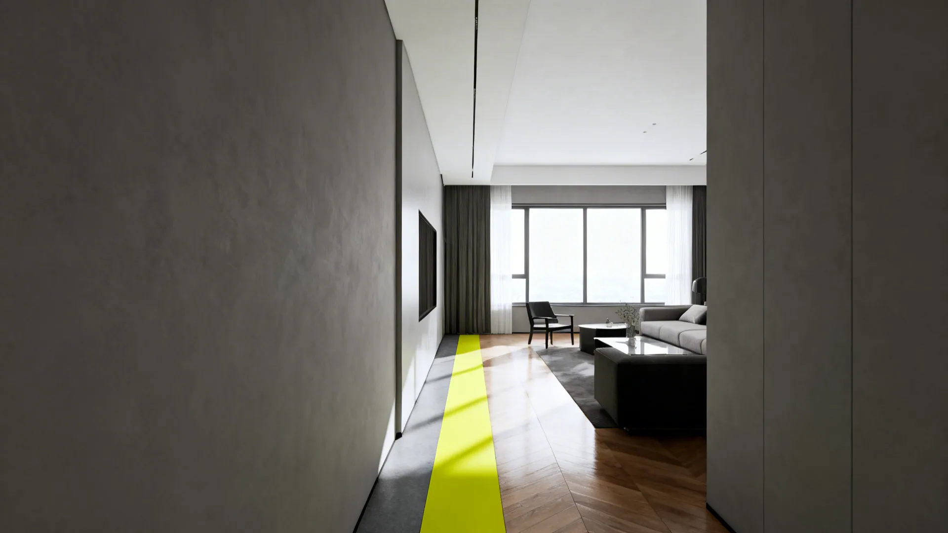 Narrow living room with a bright yellow-and-gray runner visually elongating the space