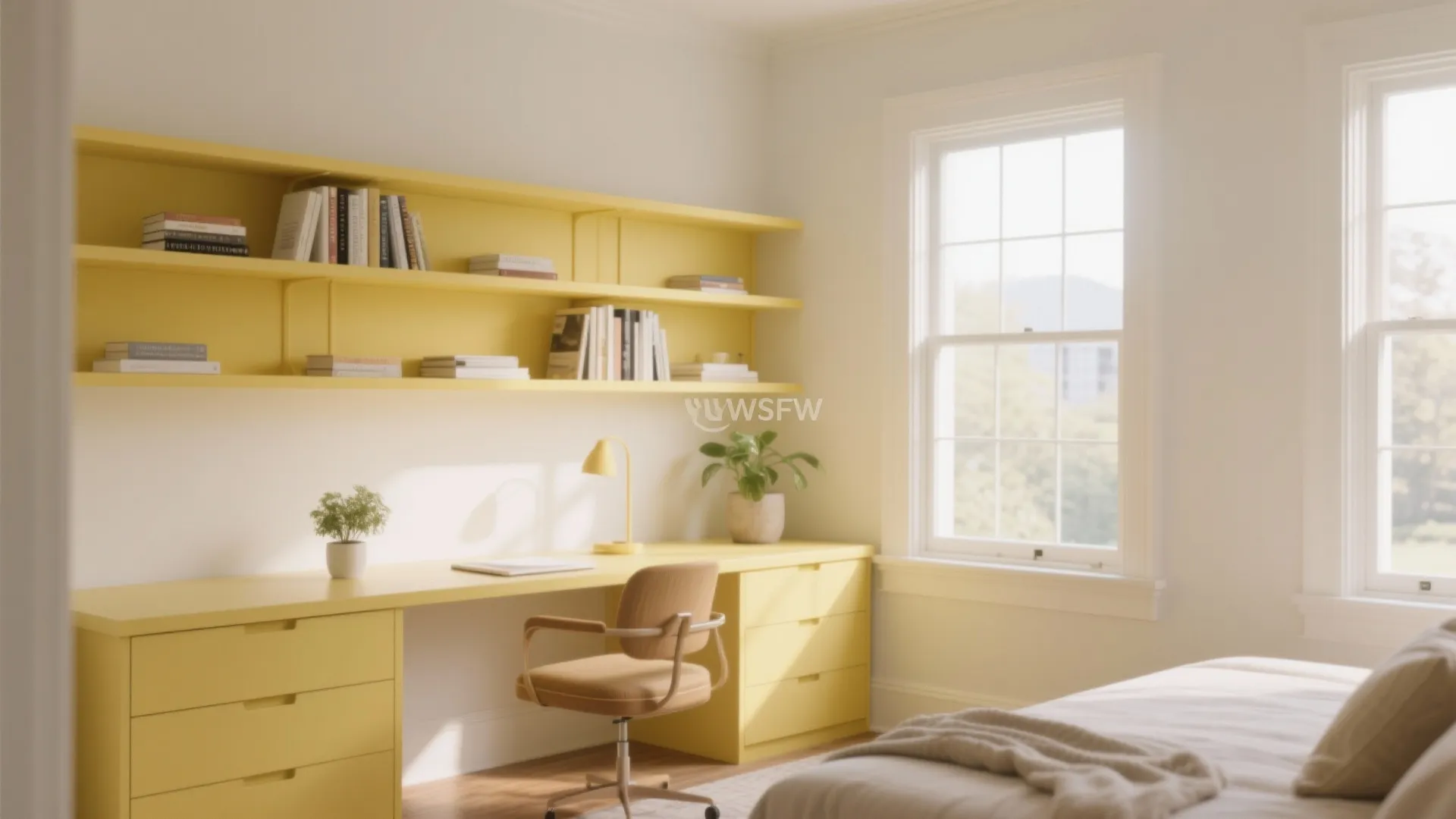 Minimalist bedroom featuring long yellow desk matching wall shelves wooden chair white walls and sunlight