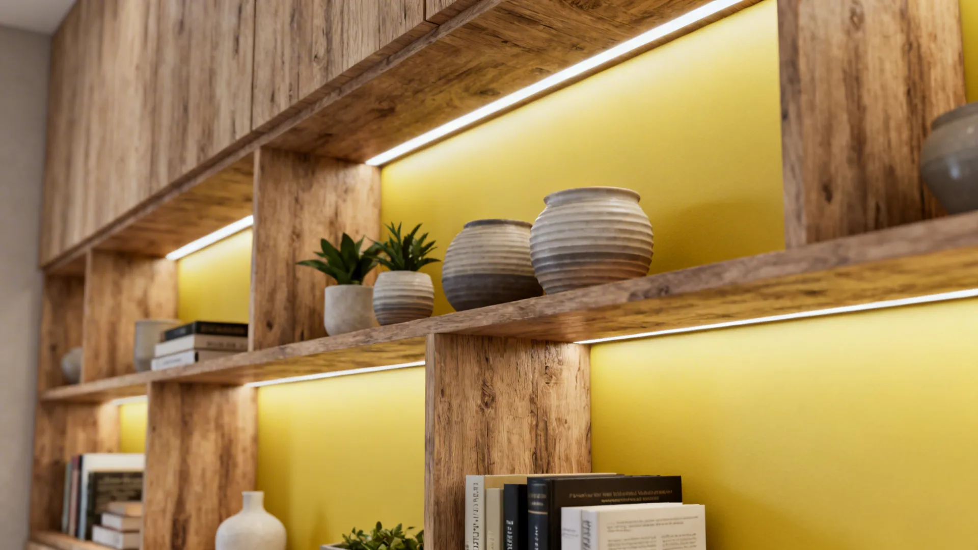Built-in shelving with soft yellow back panels displaying plants and ceramics.