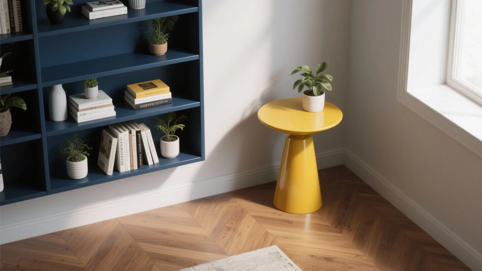 4. Small Furniture, Big Impact: Yellow Side Tables and Blue Shelving