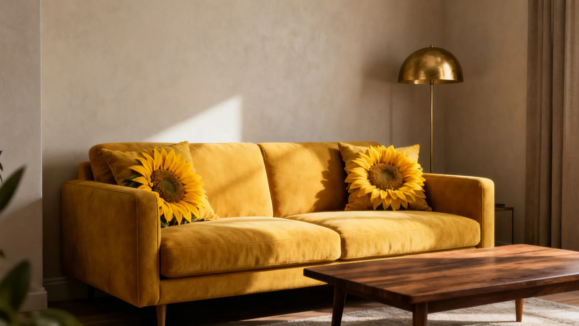 Mustard-yellow sofa with sunflower cushions and warm wood accents