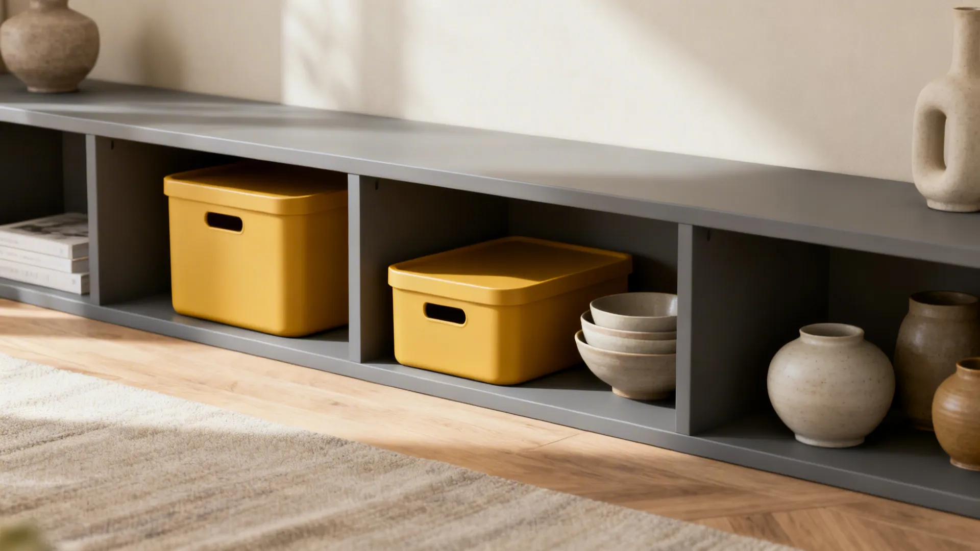 Slim grey shelves styled with matte mustard-yellow storage boxes and neutral decor.