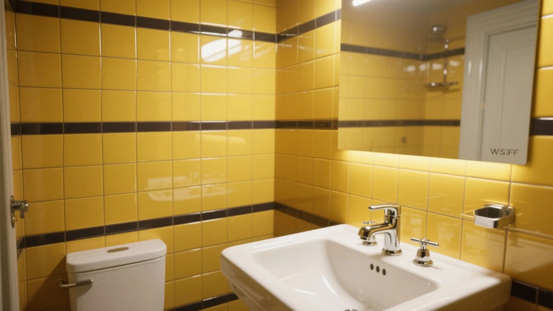Yellow bathroom wall tiles with black horizontal stripes featuring a white sink and a faucet