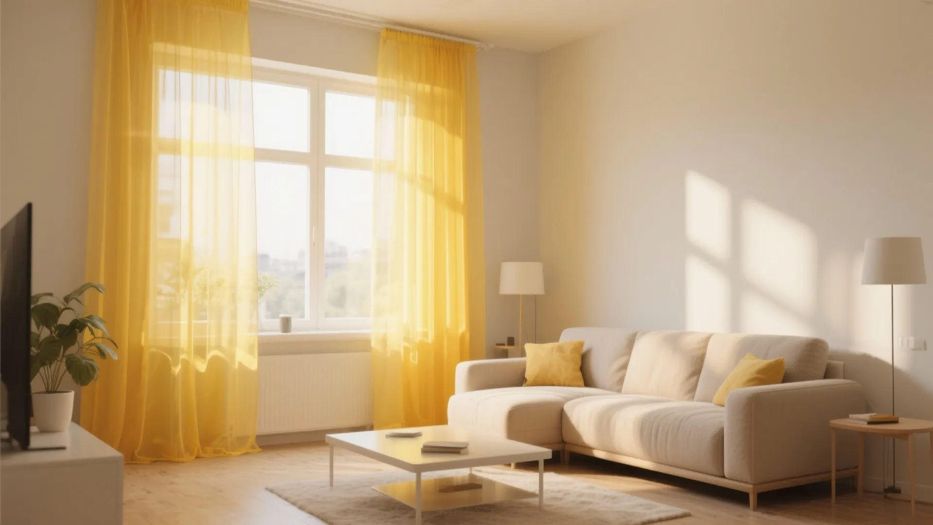 Living room with translucent yellow curtains in daylight