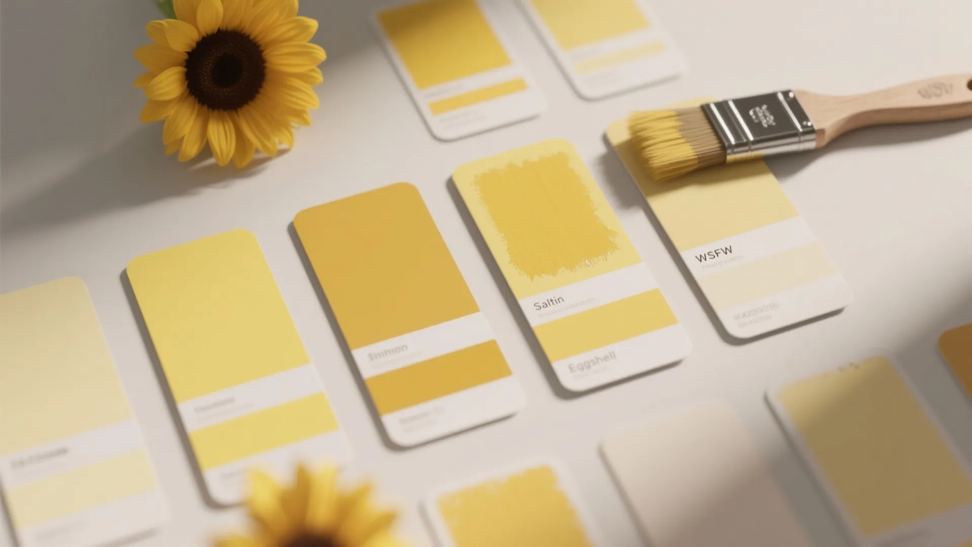 Yellow paint color swatches on a table with a paint brush and a bright sunflower