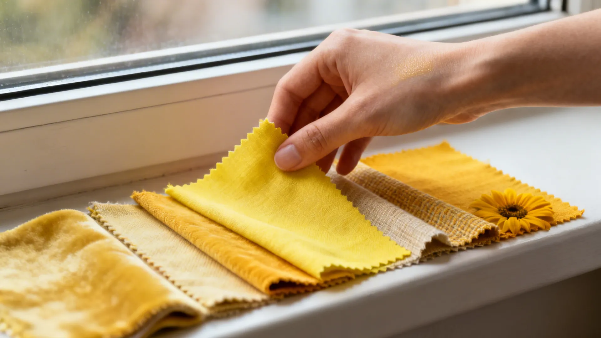 Fabric swatches in three yellow shades on a windowsill under soft daylight for shade testing.
