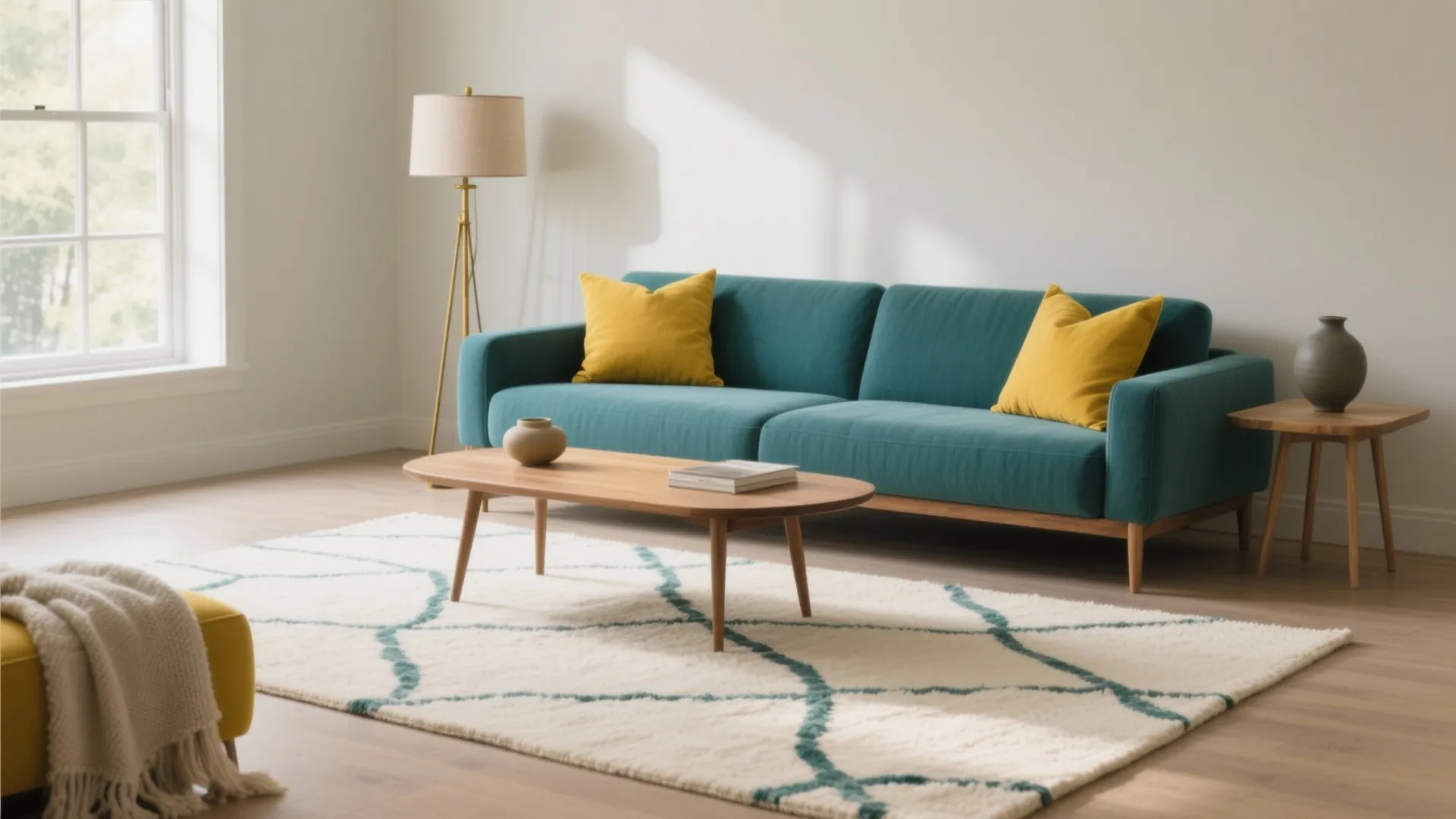Modern living room with teal sofa yellow pillows wooden coffee table floor lamp and white rug