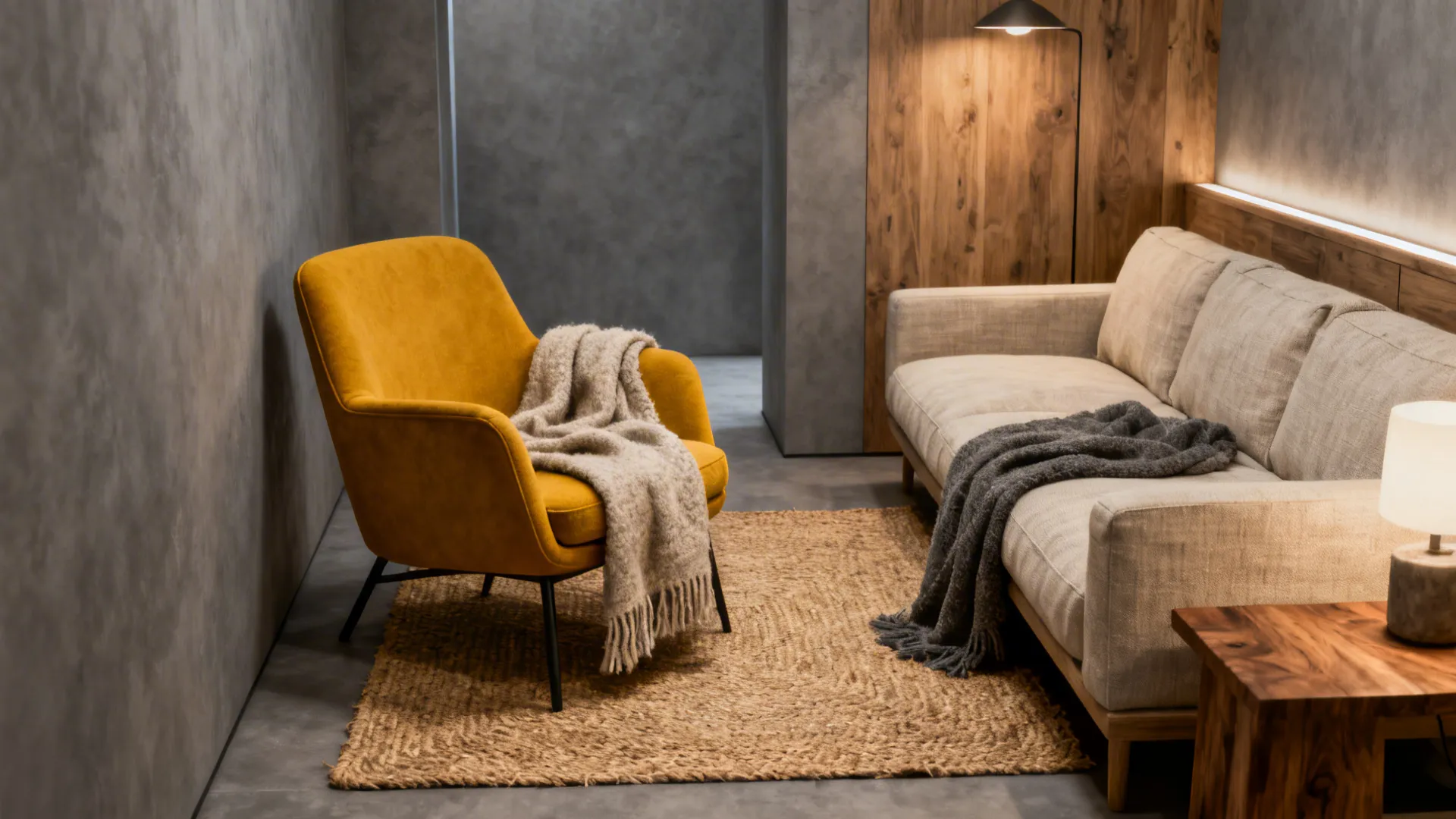 Mustard-yellow chair balanced with textured neutrals like wool throws, jute rug and a linen sofa.