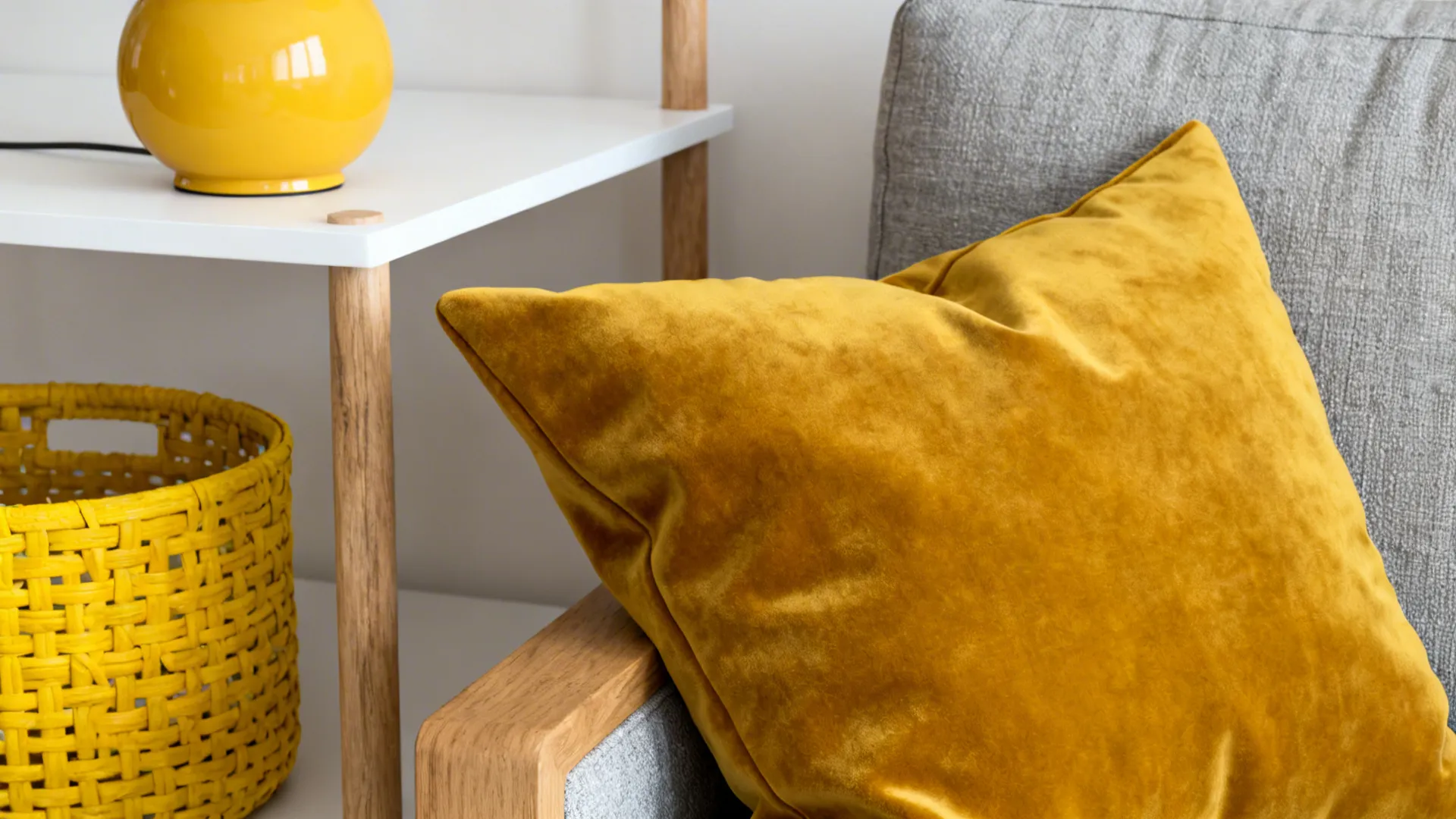 Close up view of a yellow velvet pillow on gray sofa near side table lamp