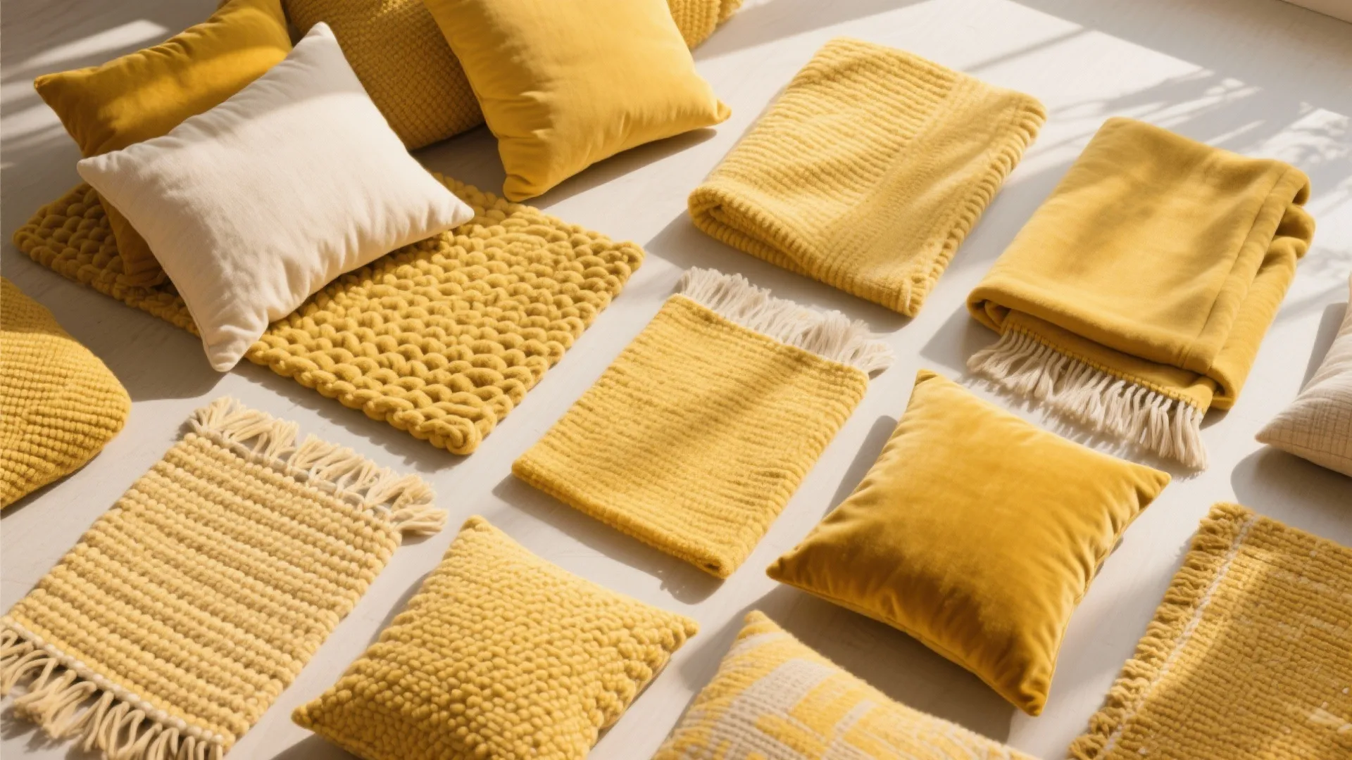 Collection of yellow and white pillows and woven blankets arranged neatly on a bright floor