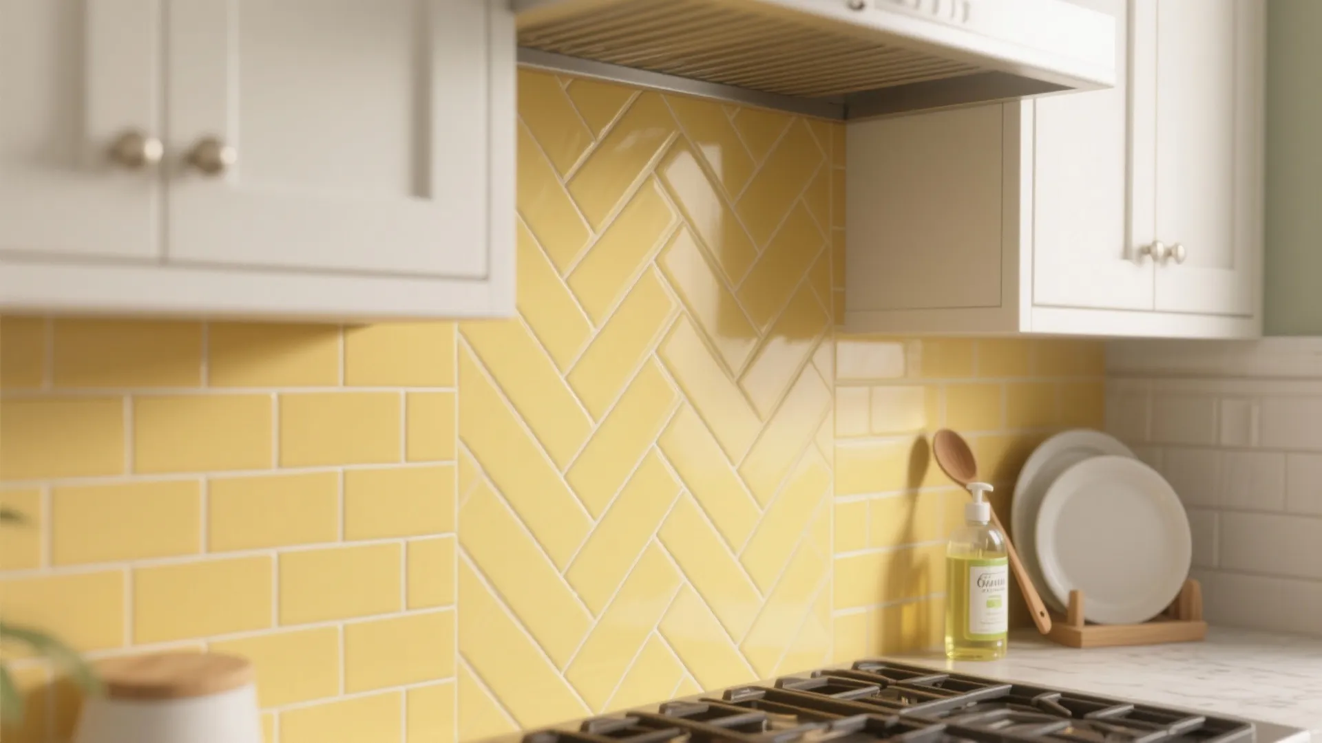 Yellow subway and chevron tile backsplash with white shaker cabinets and clean grout lines.
