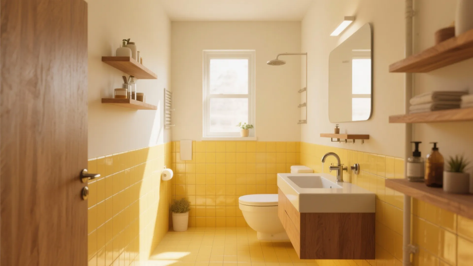 Bright bathroom with yellow wall tiles white toilet floating wooden cabinet sink and wooden shelves