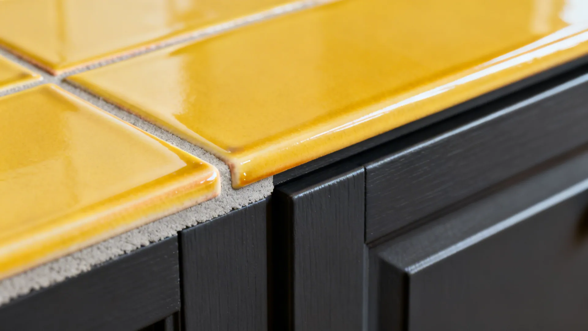 Macro of yellow glazed tile with light-gray grout next to a charcoal cabinet.