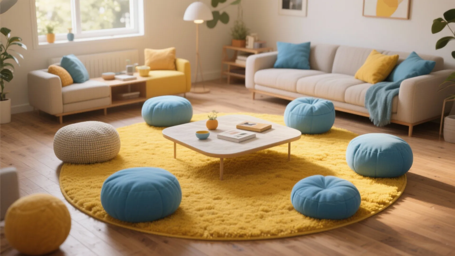 Modern living room with yellow round rug blue footrest seating white sofa and wooden floor