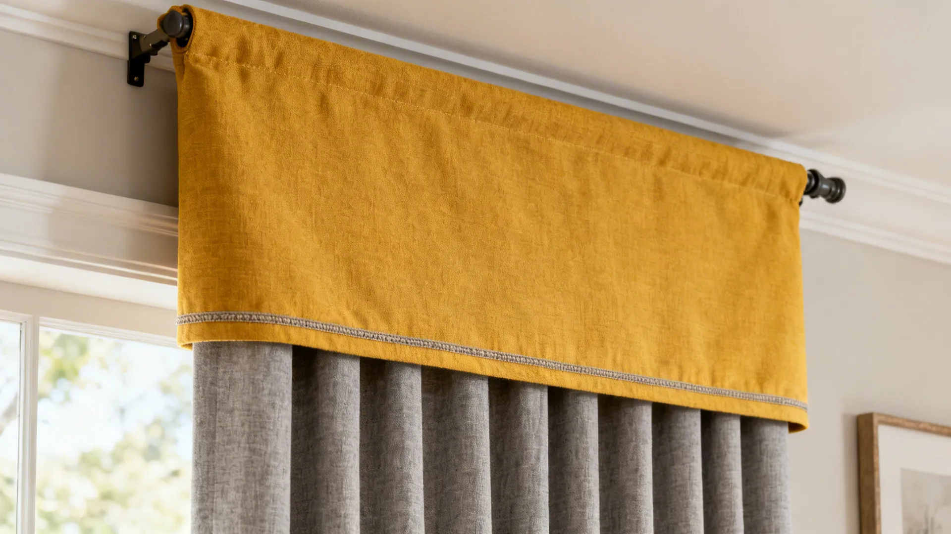 Mustard yellow valance above neutral gray curtain panels in a living room