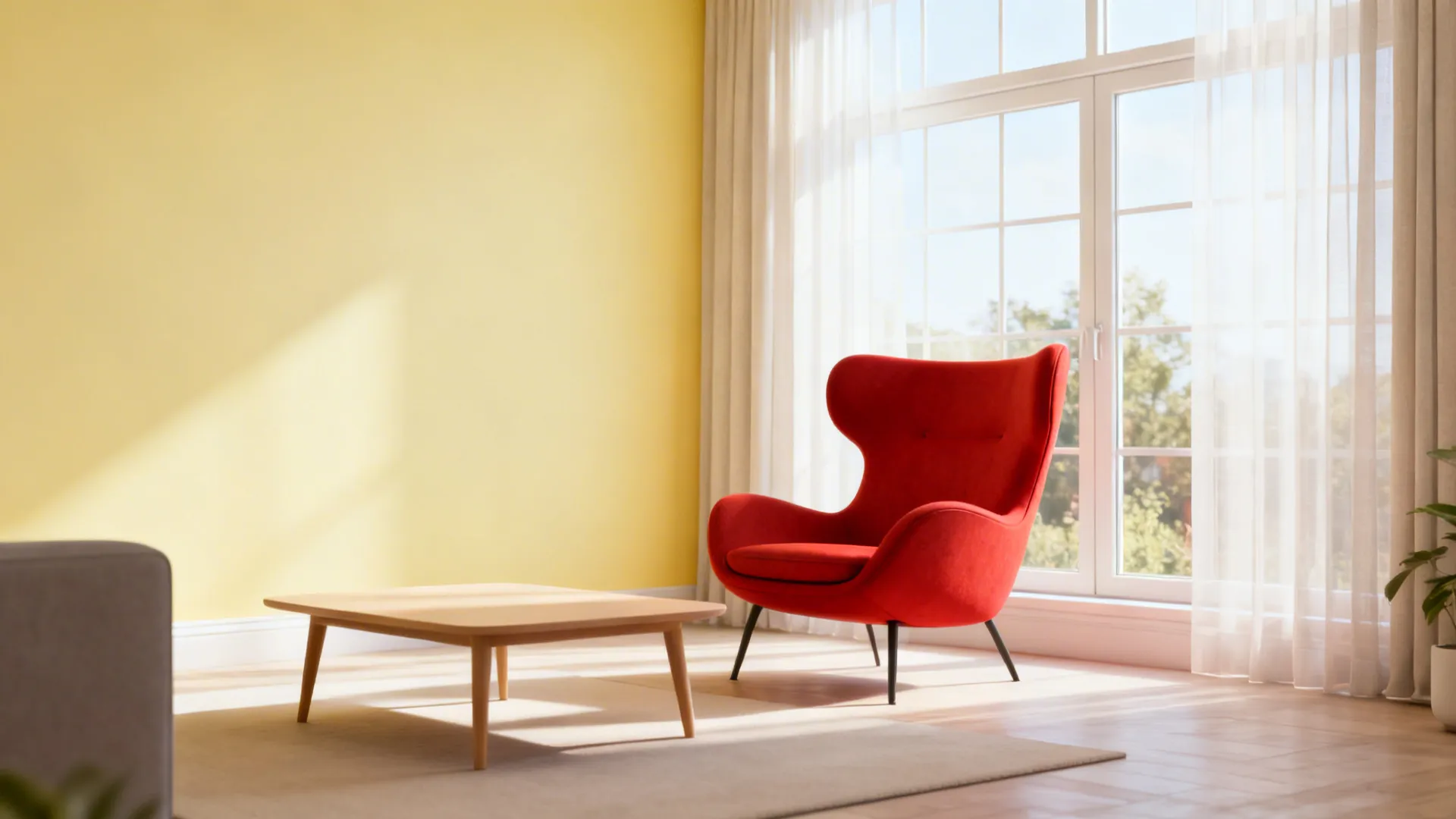 2. Sunny Yellow Walls, Red Focal Point