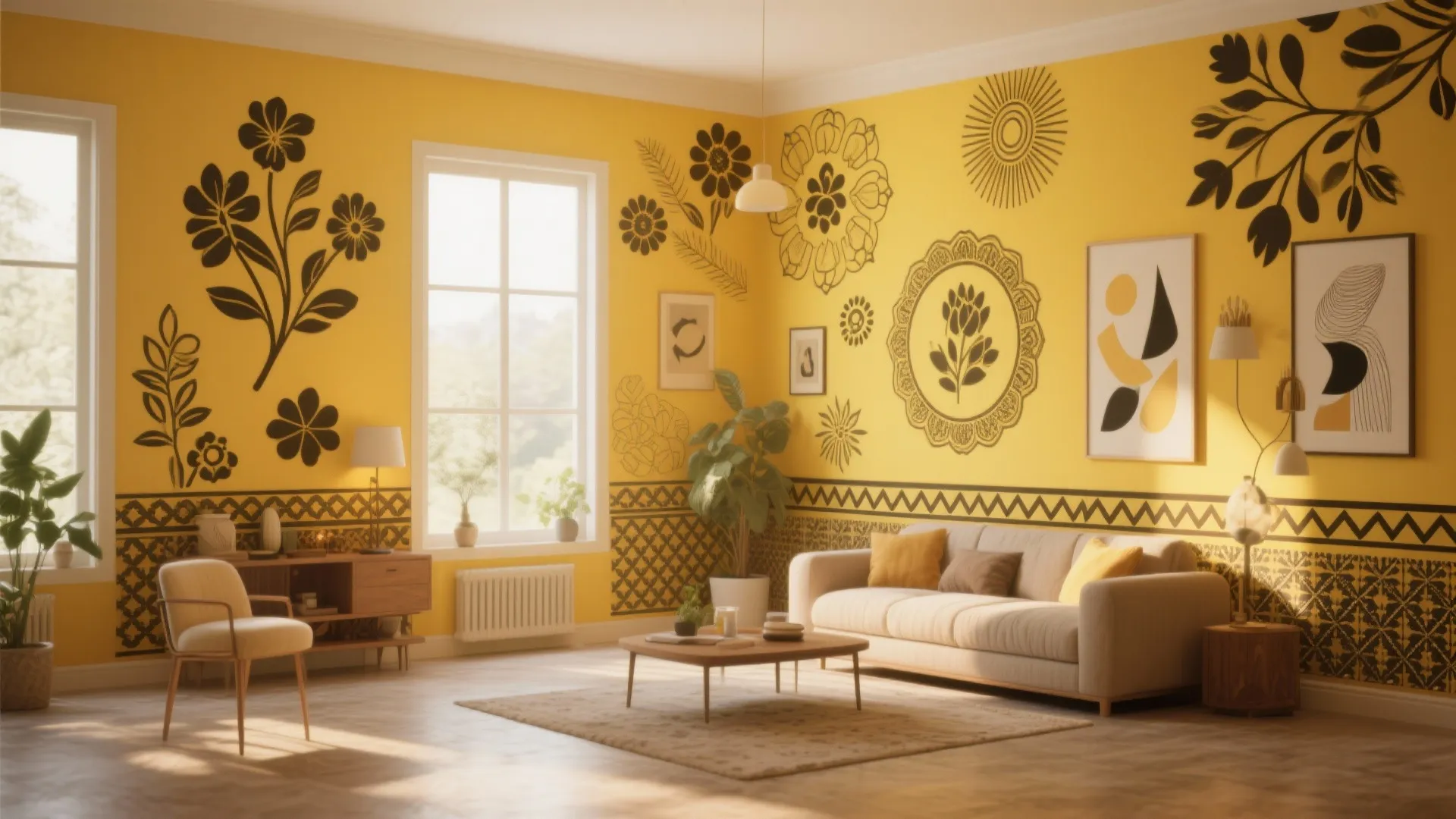 Bright yellow living room with black floral wall art white sofa and a wooden table