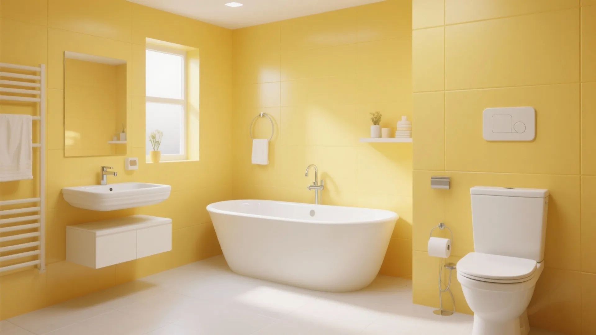 Modern yellow bathroom with a white bathtub white toilet white sink and bright wall tiles