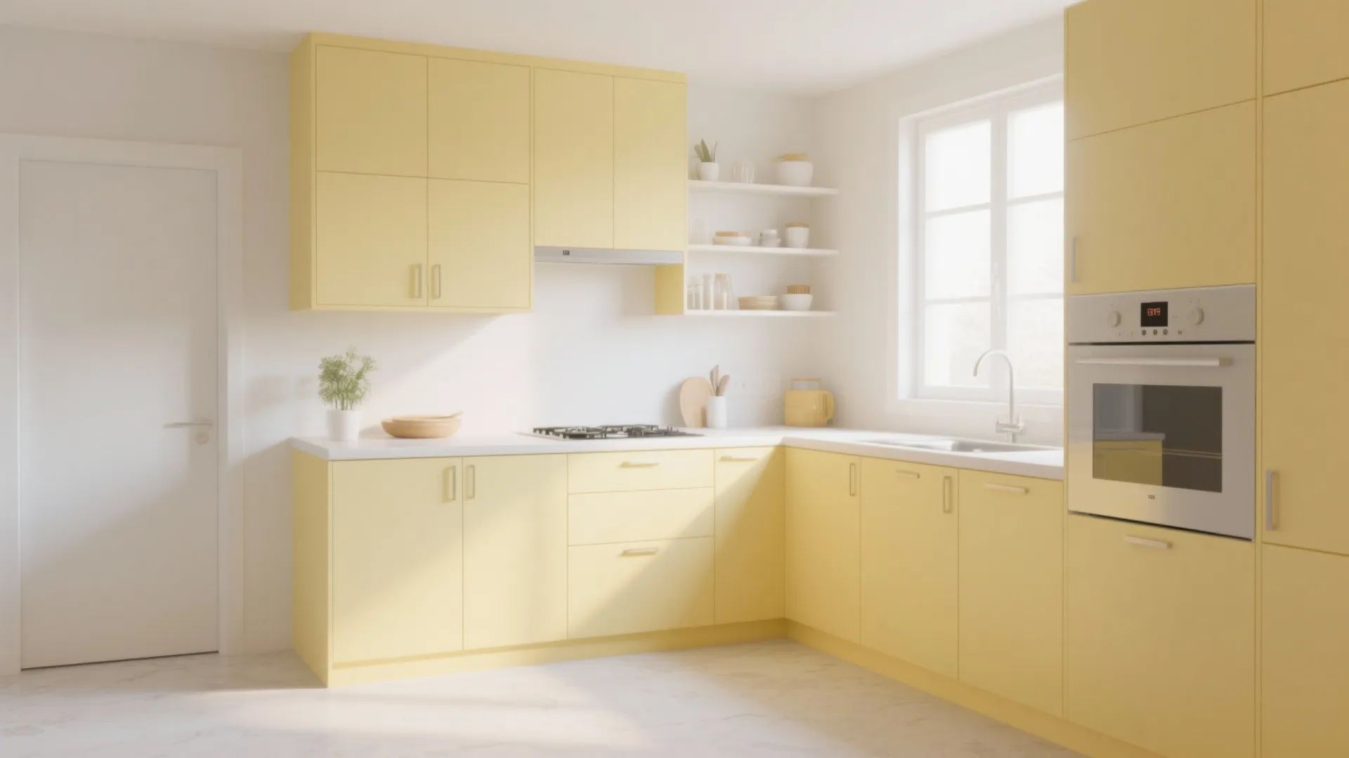 Minimalist kitchen with pale yellow cabinets, white countertops, built-in oven, and a large bright window