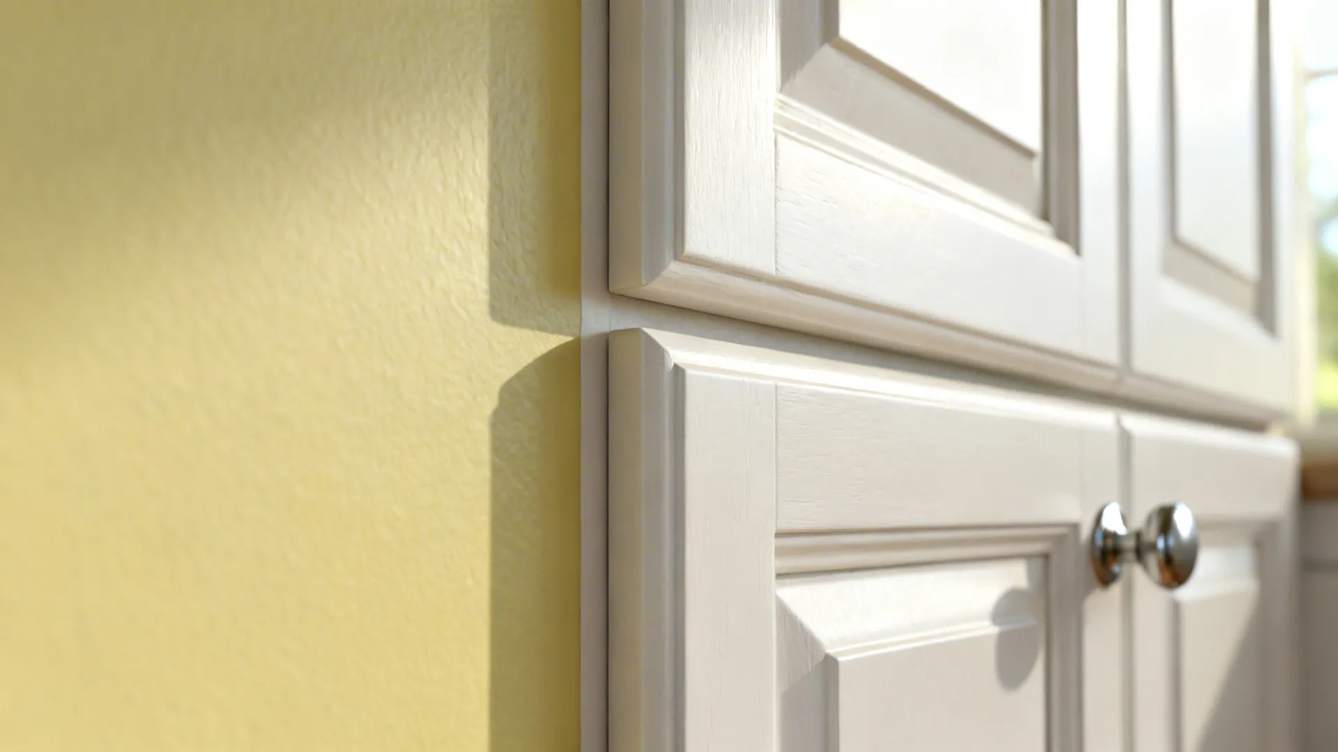 Macro of pale yellow wall, white cabinet edge, and chrome knob in morning light.