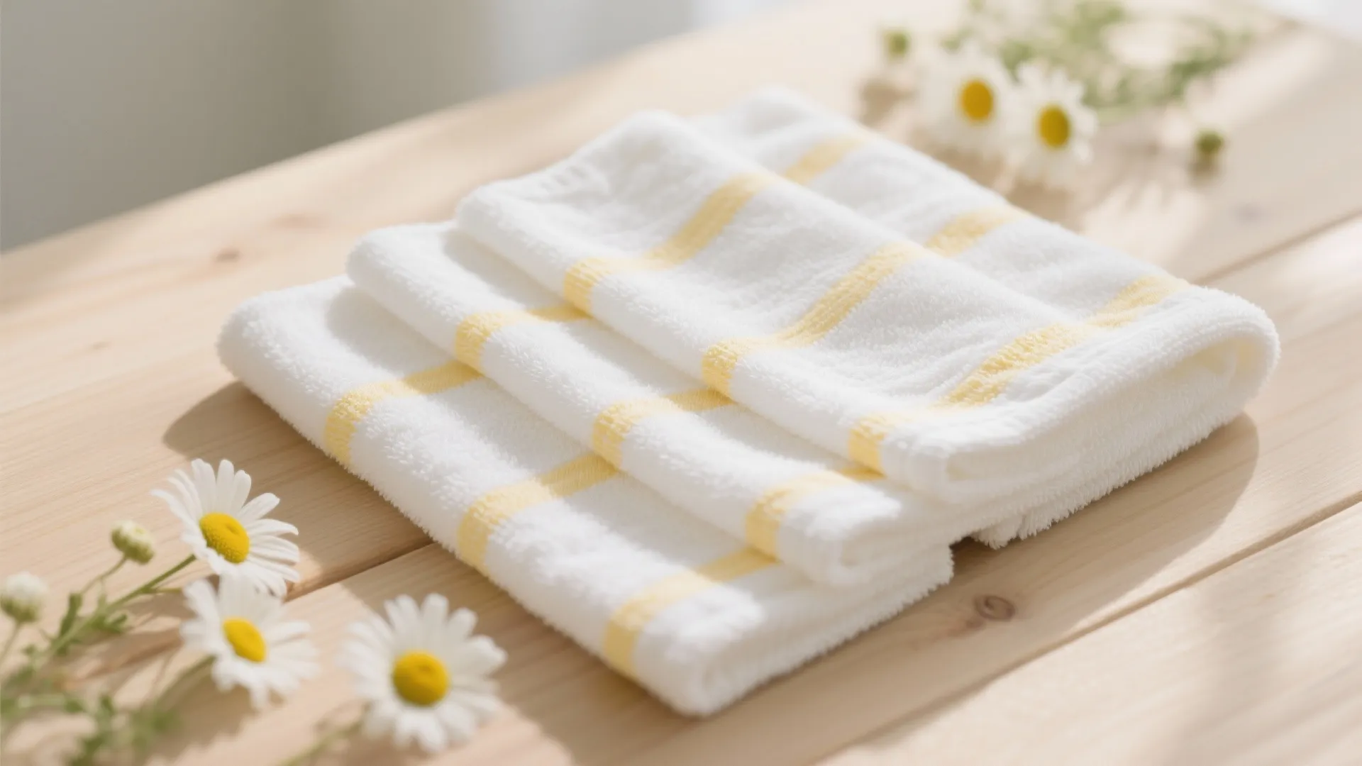 Flat lay of white towels with soft yellow stripes on wooden surface