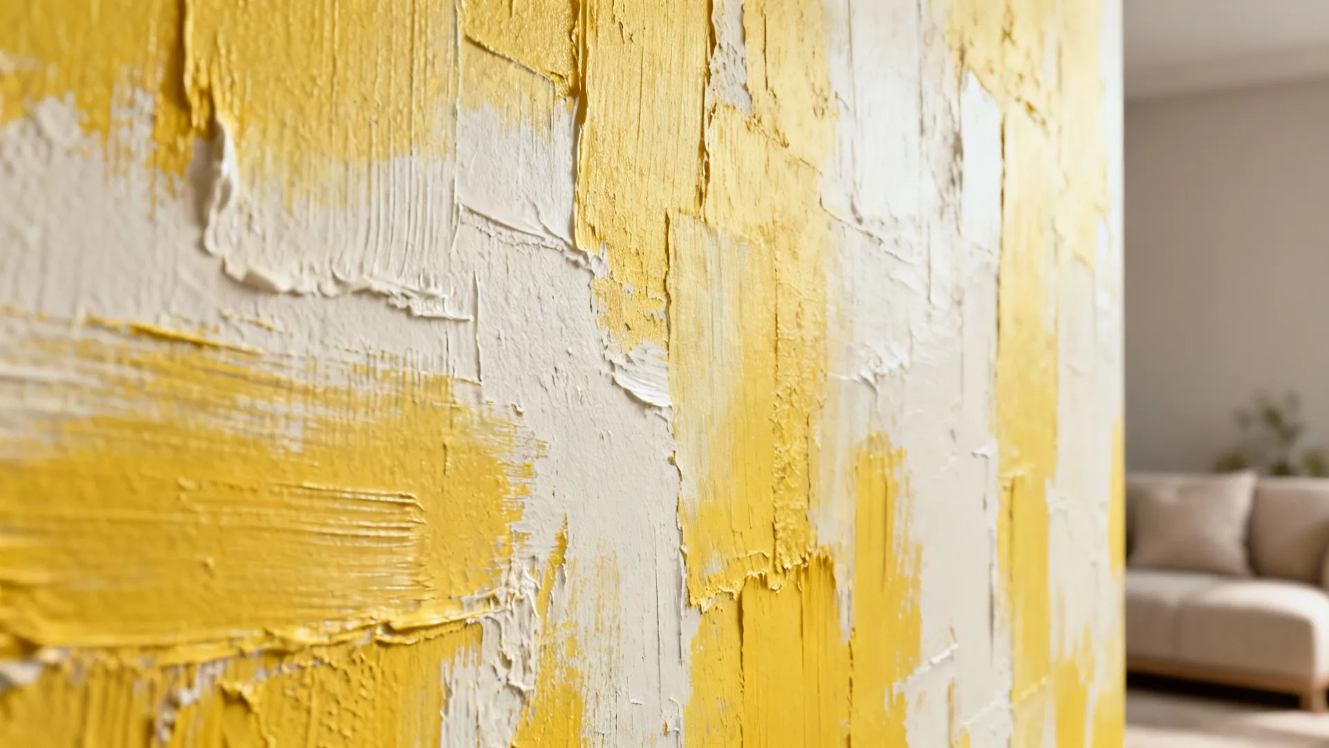 Textured yellow-white wash wall with visible brush layers creating an artisanal handcrafted look.