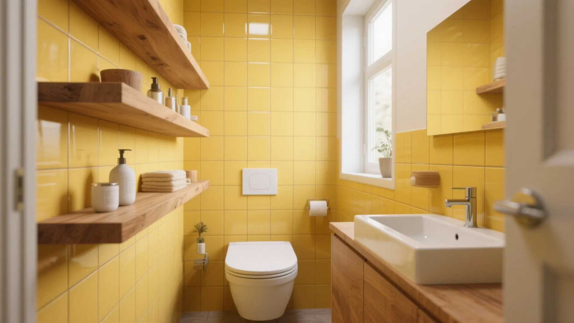 Bright yellow bathroom with wooden shelves white toilet ceramic sink cabinet mirror and natural light