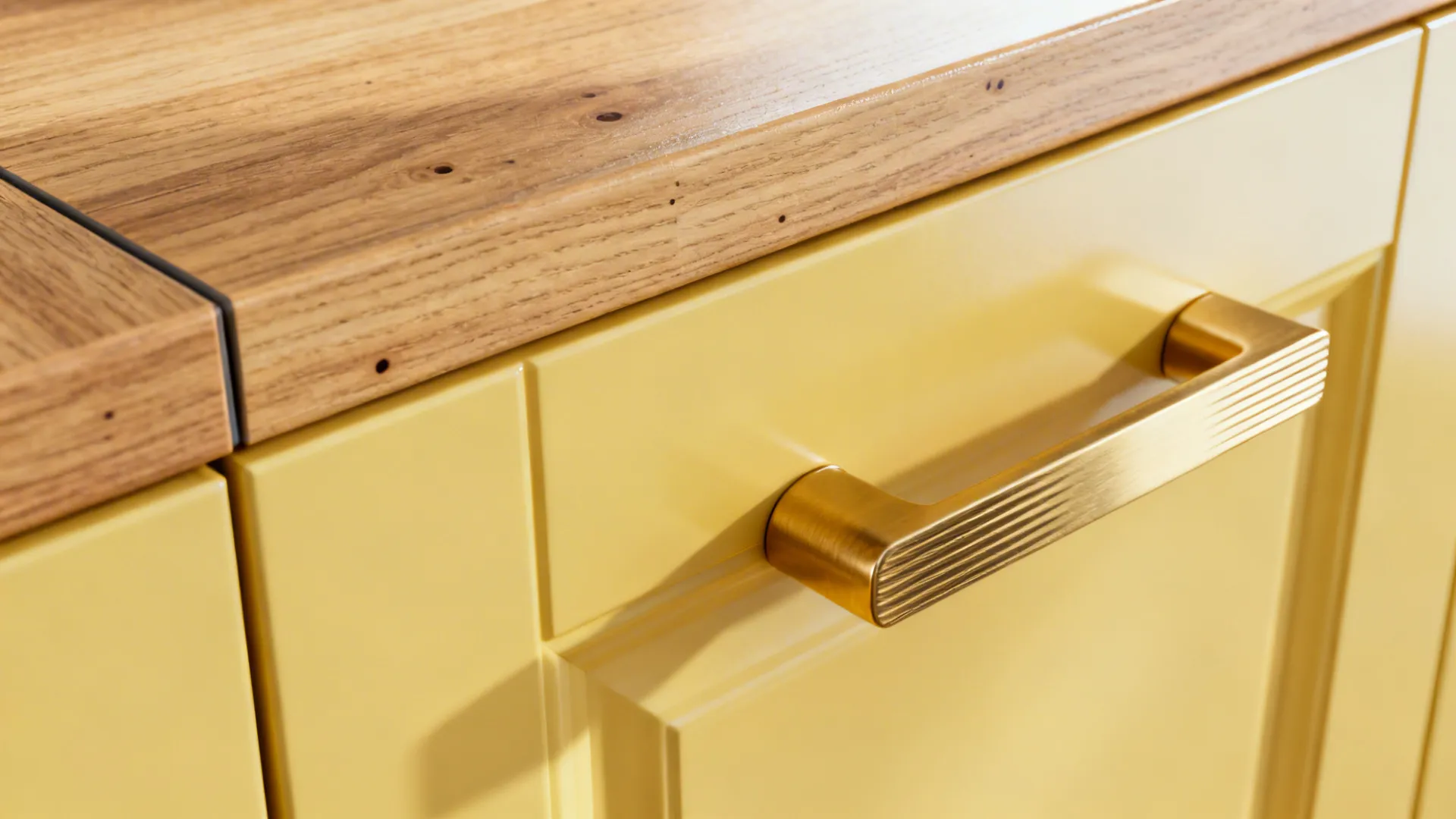 Macro junction of yellow cabinet and oak laminate with brass pull and clean edge banding.