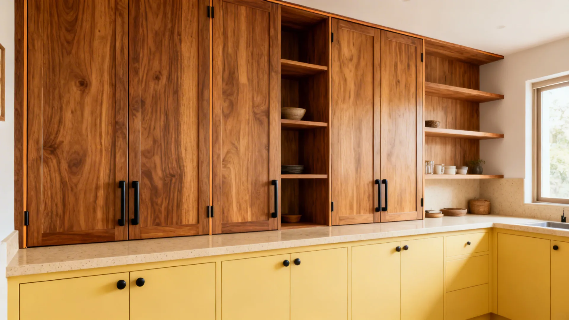 Soft yellow base cabinets paired with oak-tone tall units in a cozy kitchen.