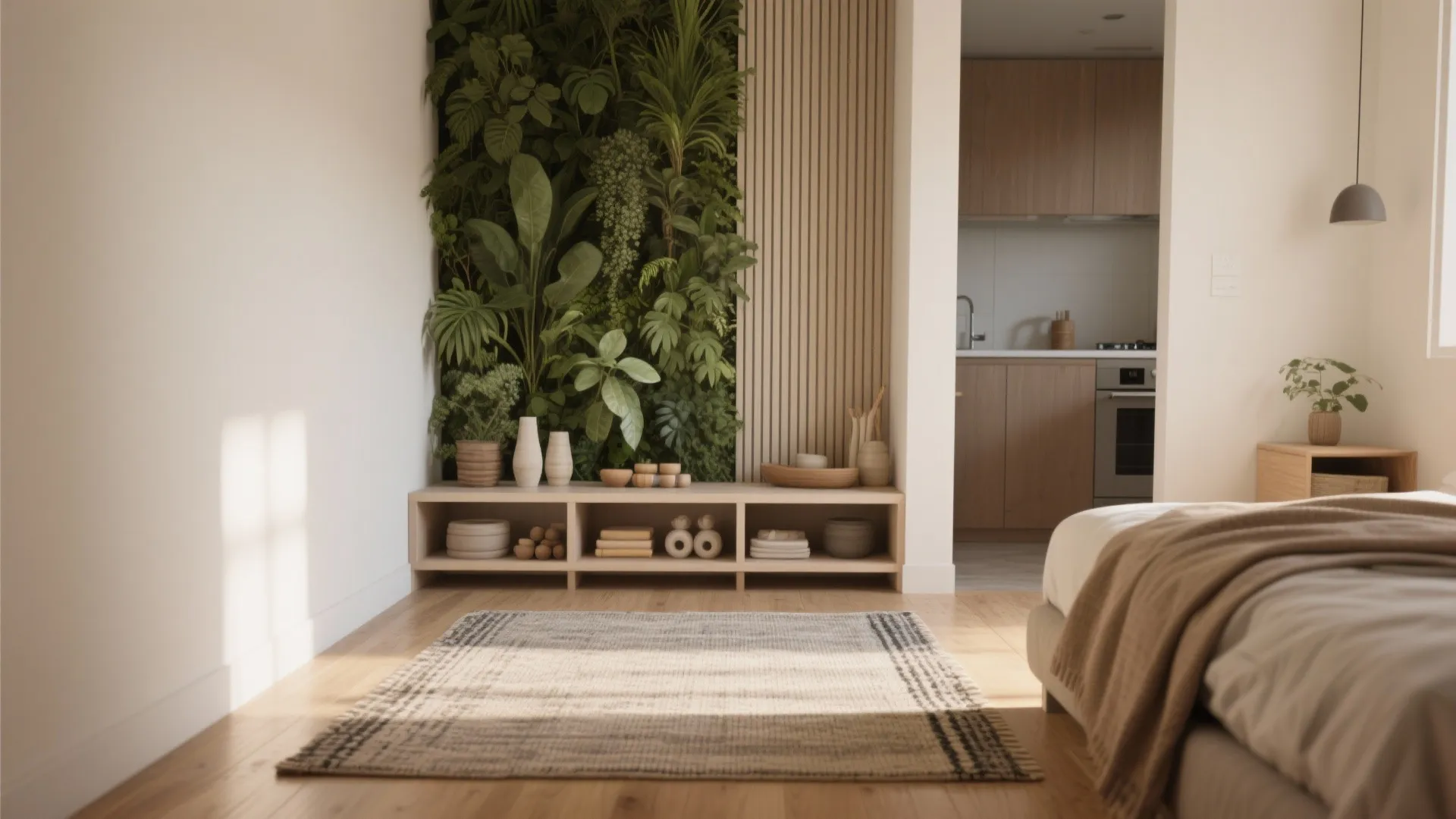 Bright room with indoor plant wall plus wooden shelf and rug near a small kitchen