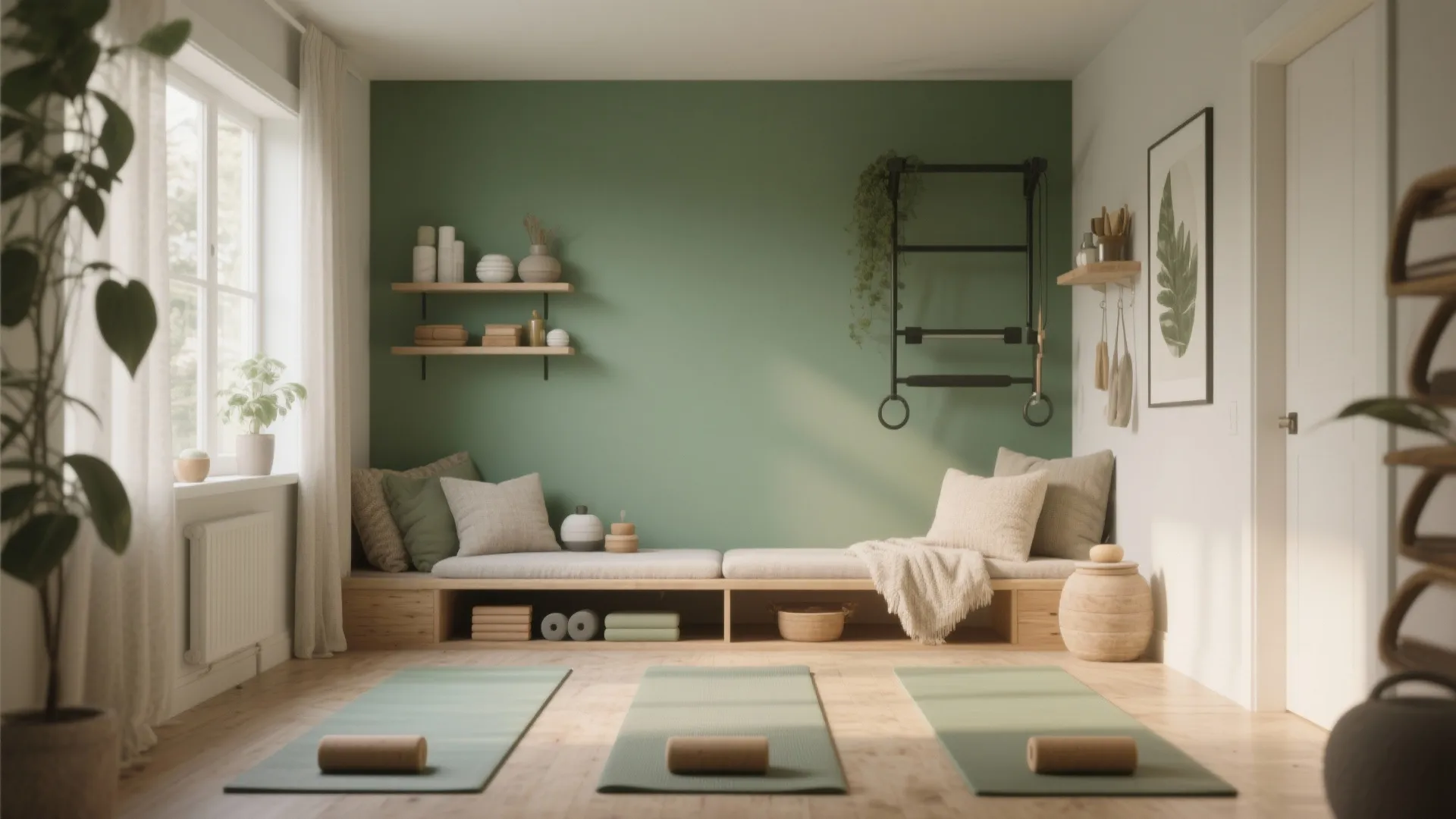 Peaceful yoga corner in a home gym with mats and props