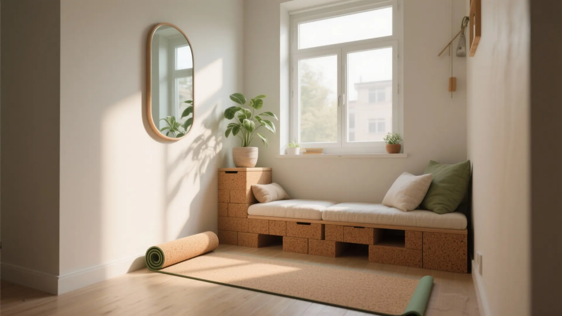 Small yoga room with floor mat window seat wood storage wall mirror and bright natural light