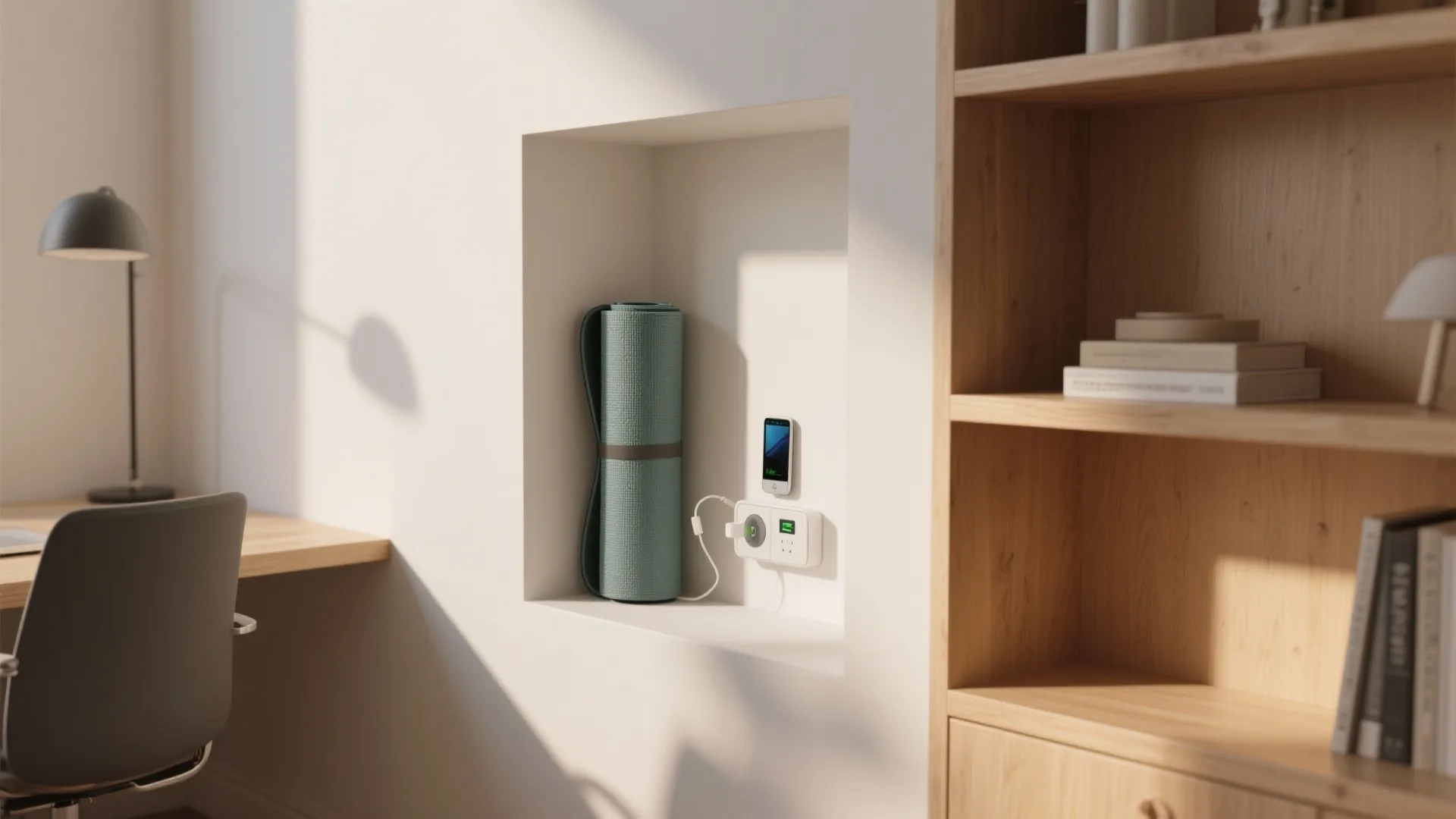 10. Yoga Mat Nook with Built-In Charging Station