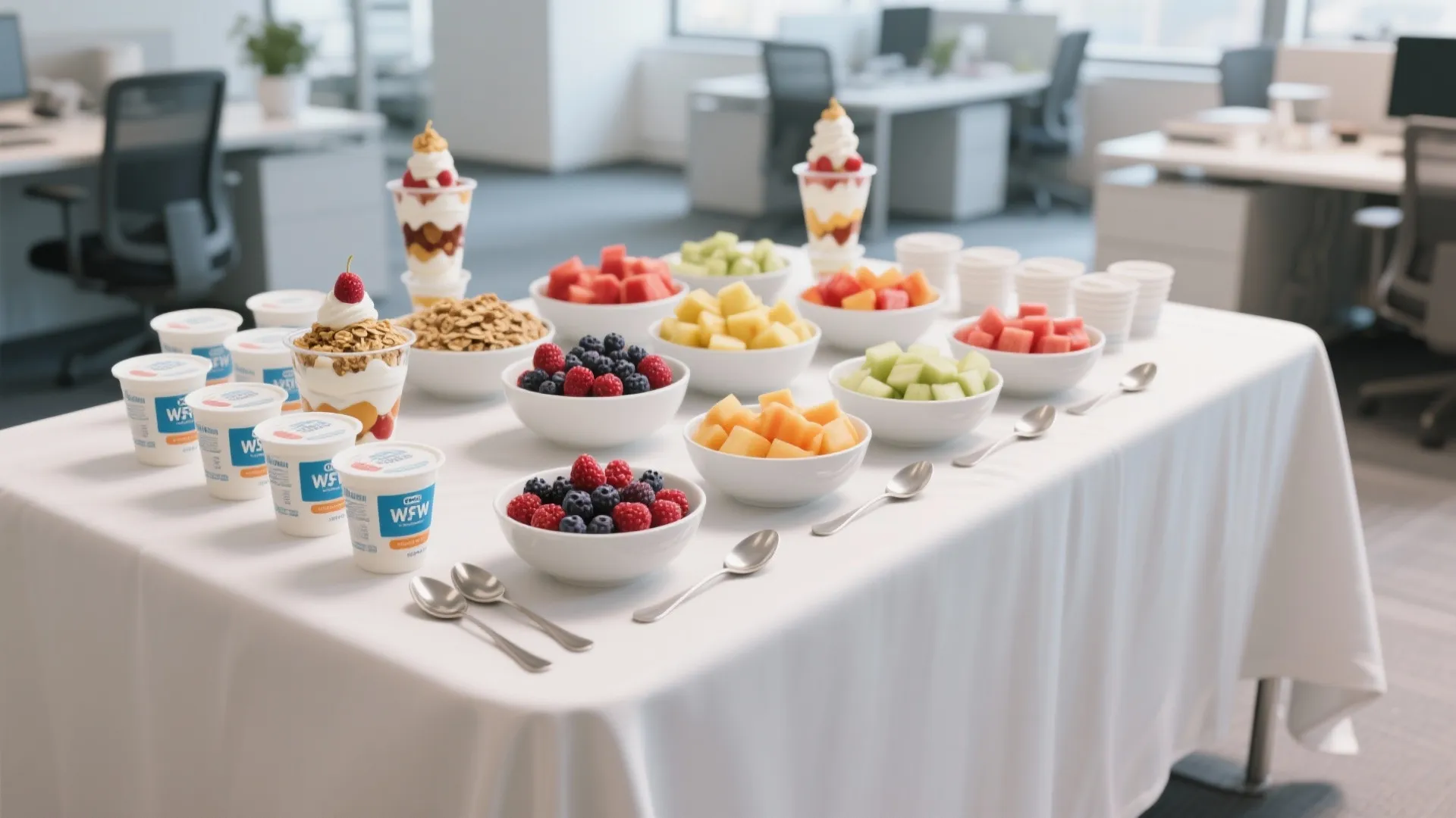 Office breakfast buffet featuring yogurt cups fresh fruit bowls granola and spoons on a white table