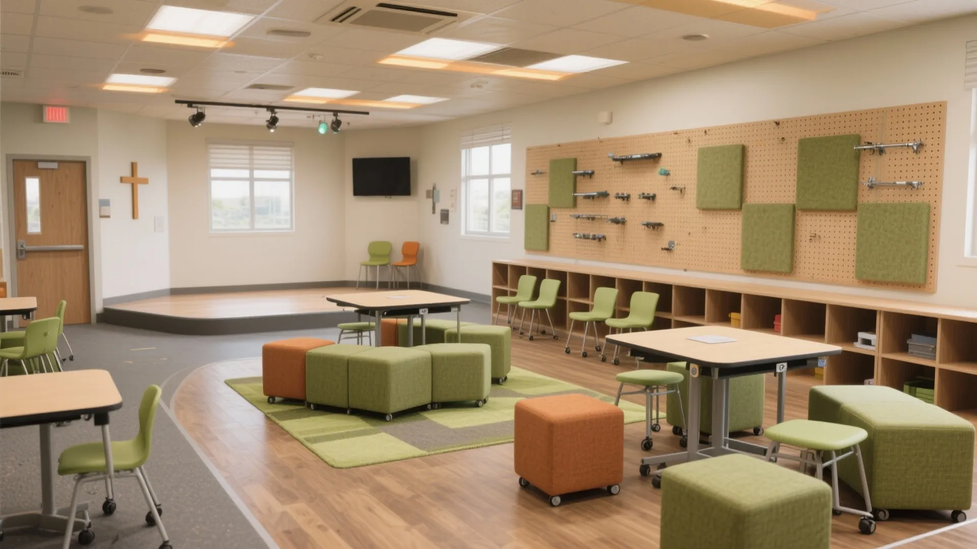 Spacious community room featuring small stage green and orange stools wooden tables and wall pegboard panels