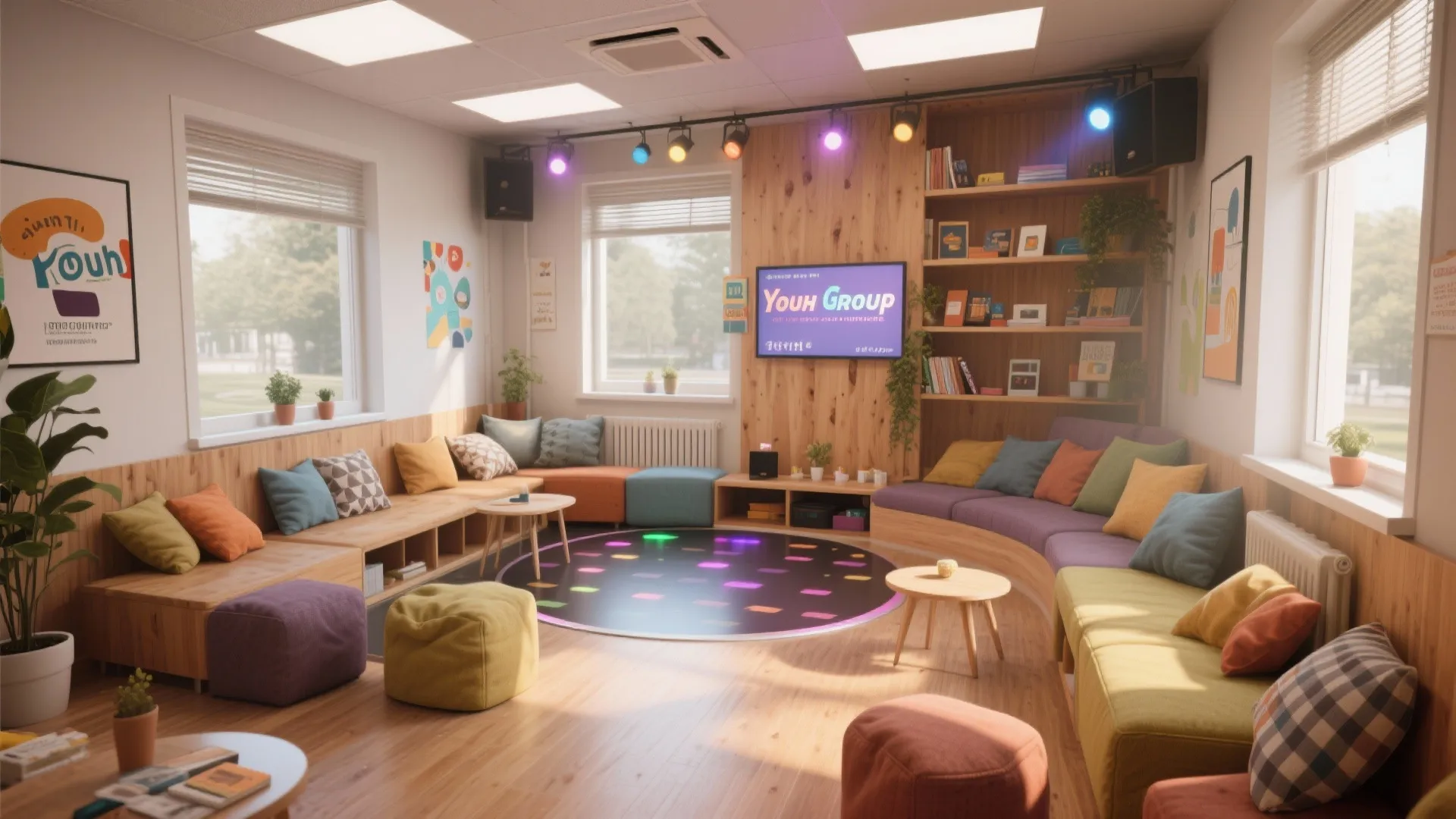 Bright room with wooden wall panels colorful floor circle and many pillows on soft sofas
